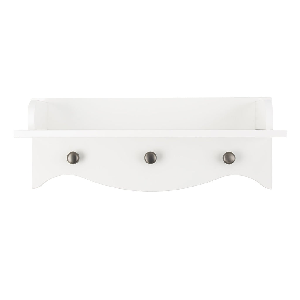 Close up of Clara Wall Shelf - a White Nursery shelf with three hanging pegs. Made by CuddleCo 