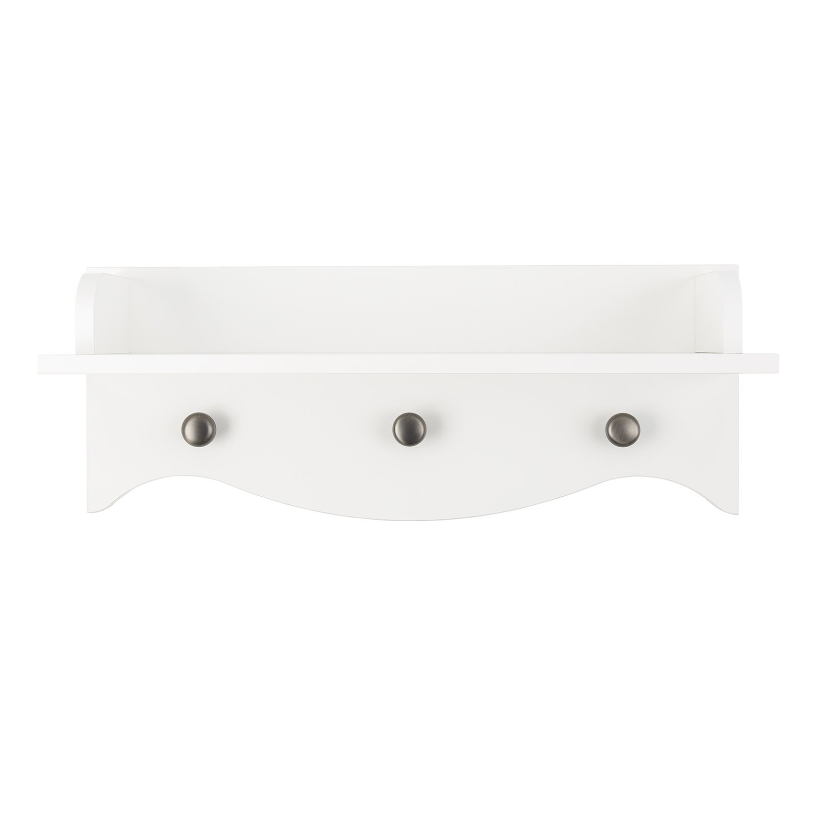 Close up of Clara Wall Shelf - a White Nursery shelf with three hanging pegs. Made by CuddleCo 