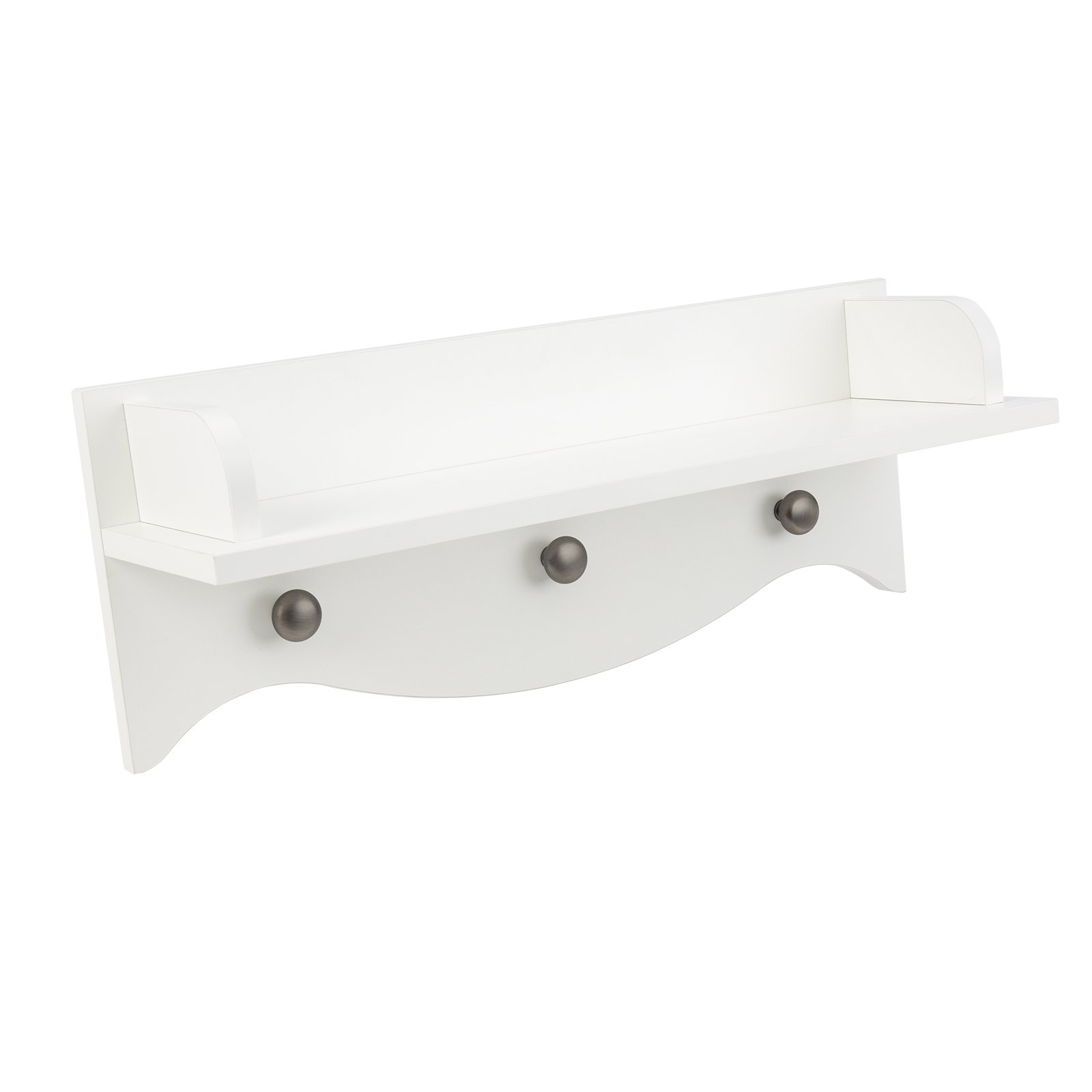 Side angle showing a close up of Clara Wall Shelf with 3 hanging pegs and sides on the shelf to stop items falling off. White Nursery Decor by CuddleCo 
