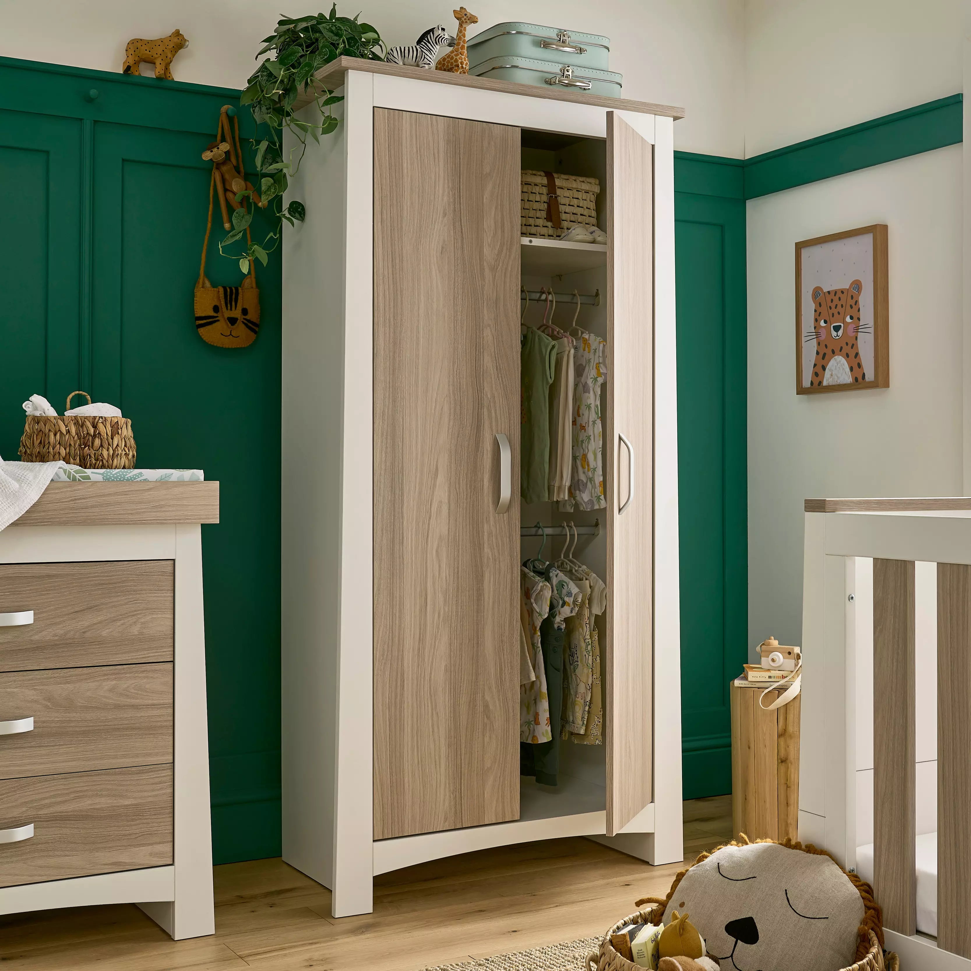 Nursery wardrobe with top shelves