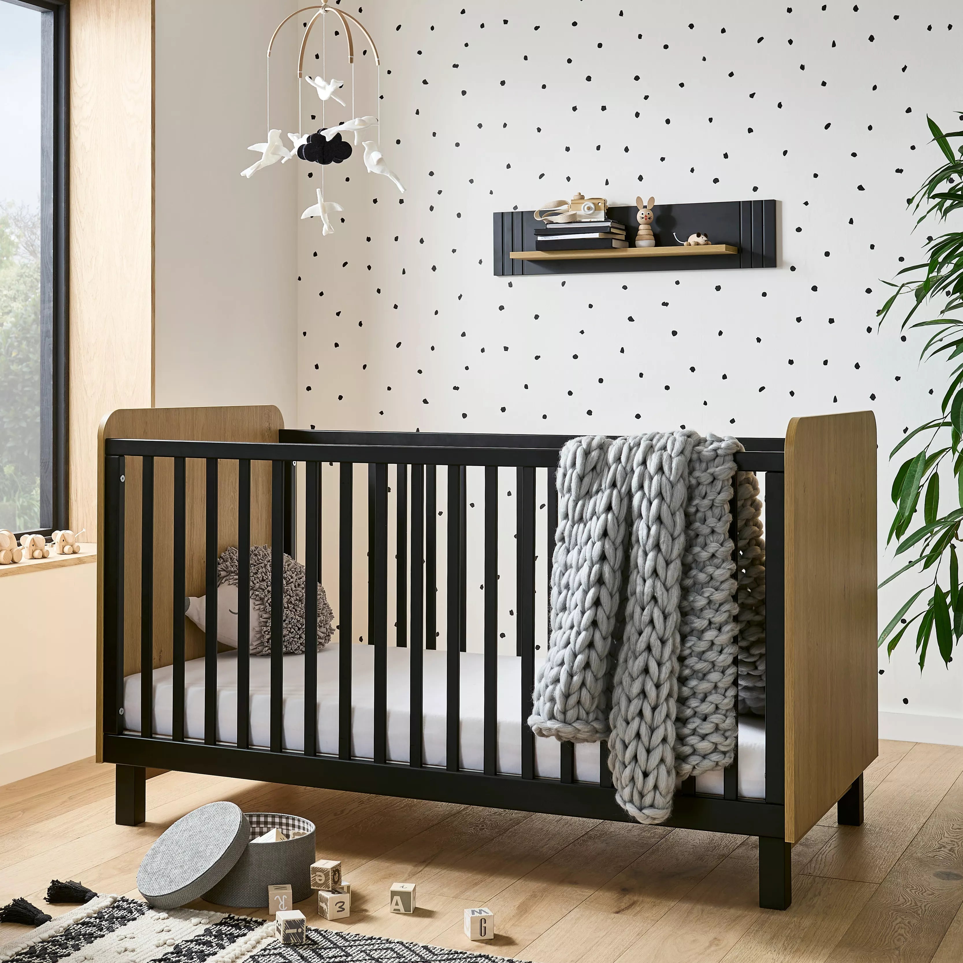 Rafi Cot Bed - Oak & Black Cribs & Toddler Beds CuddleCo 