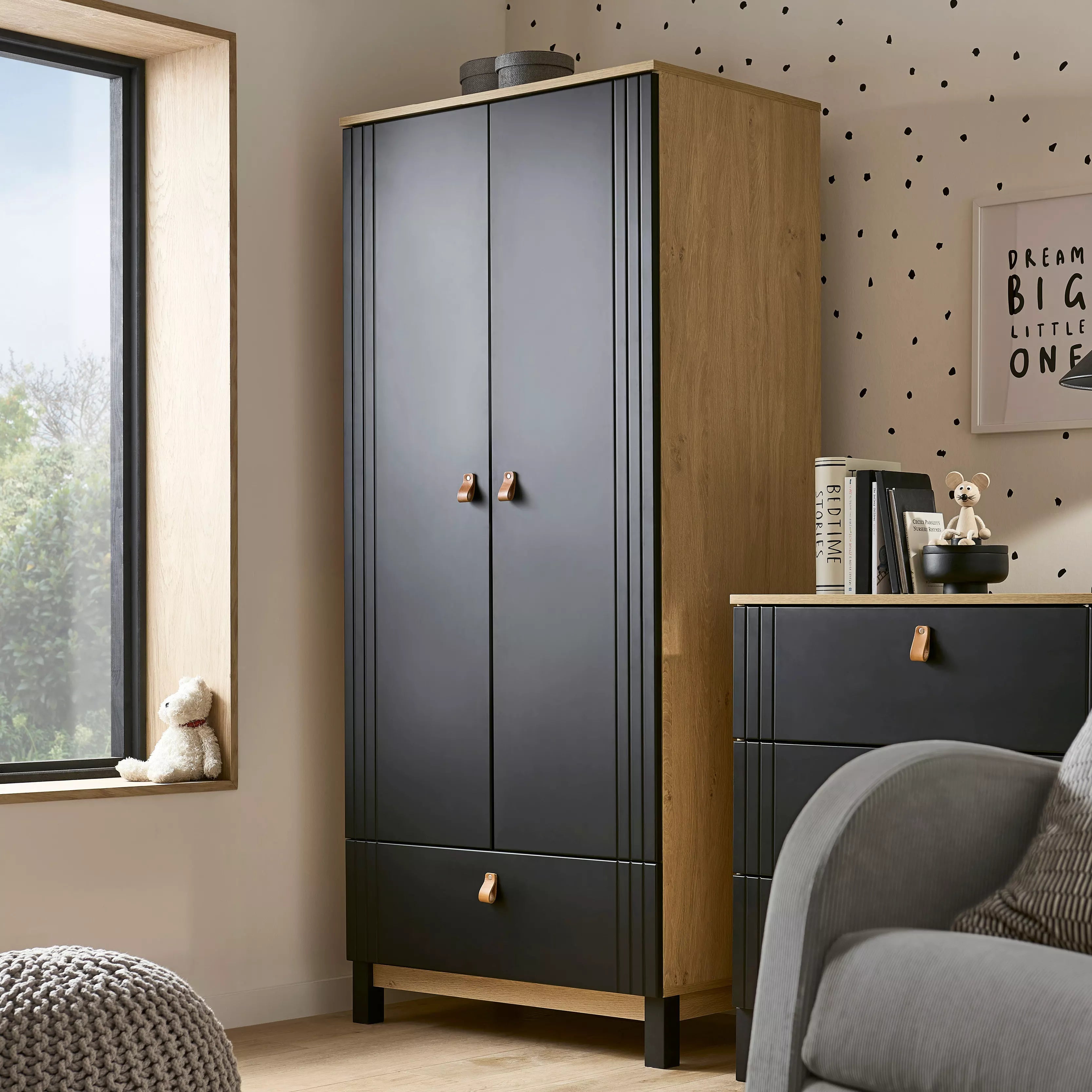 Rafi Nursery Wardrobe - Oak & Black Armoires & Wardrobes CuddleCo 