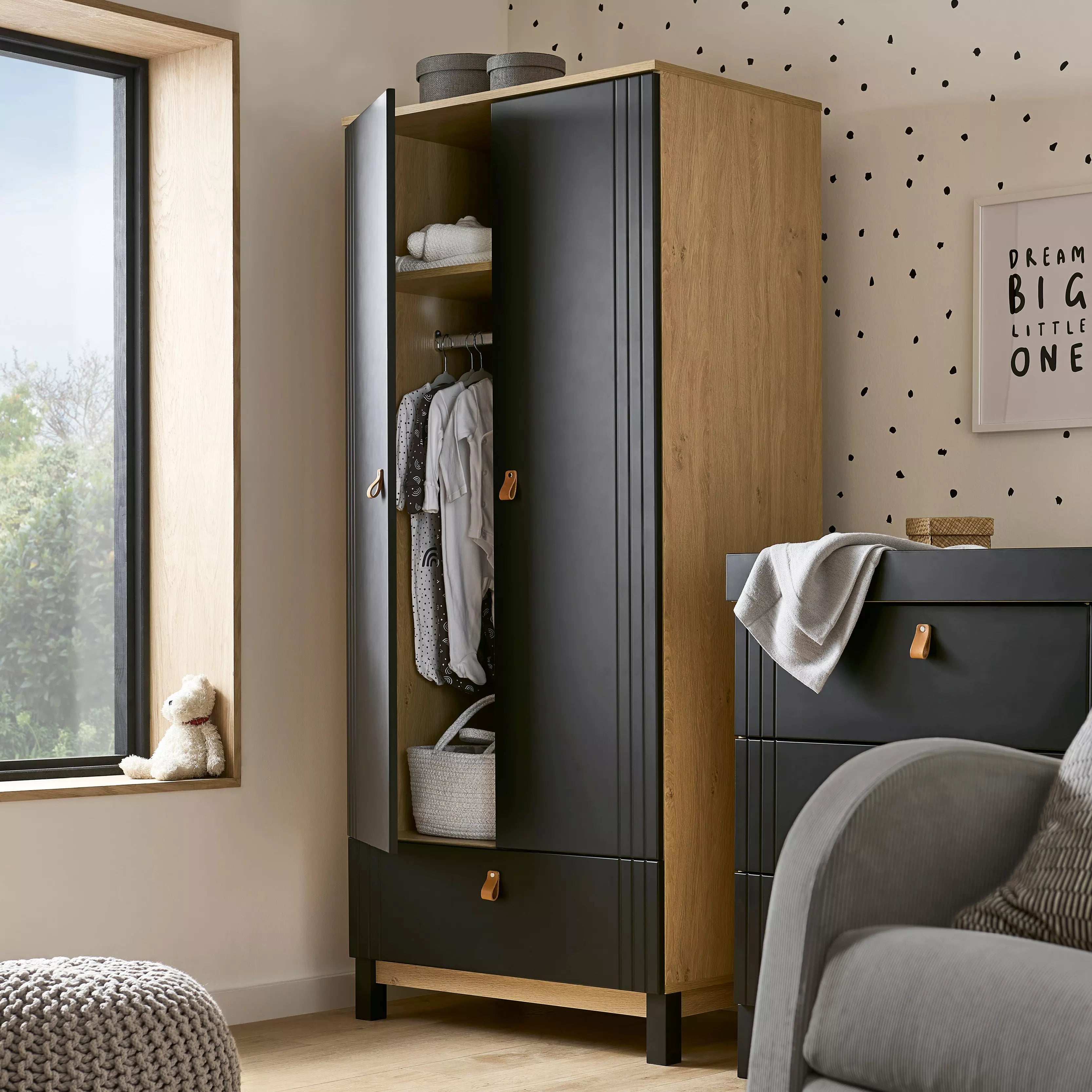 Rafi Nursery Wardrobe - Oak & Black Armoires & Wardrobes CuddleCo 