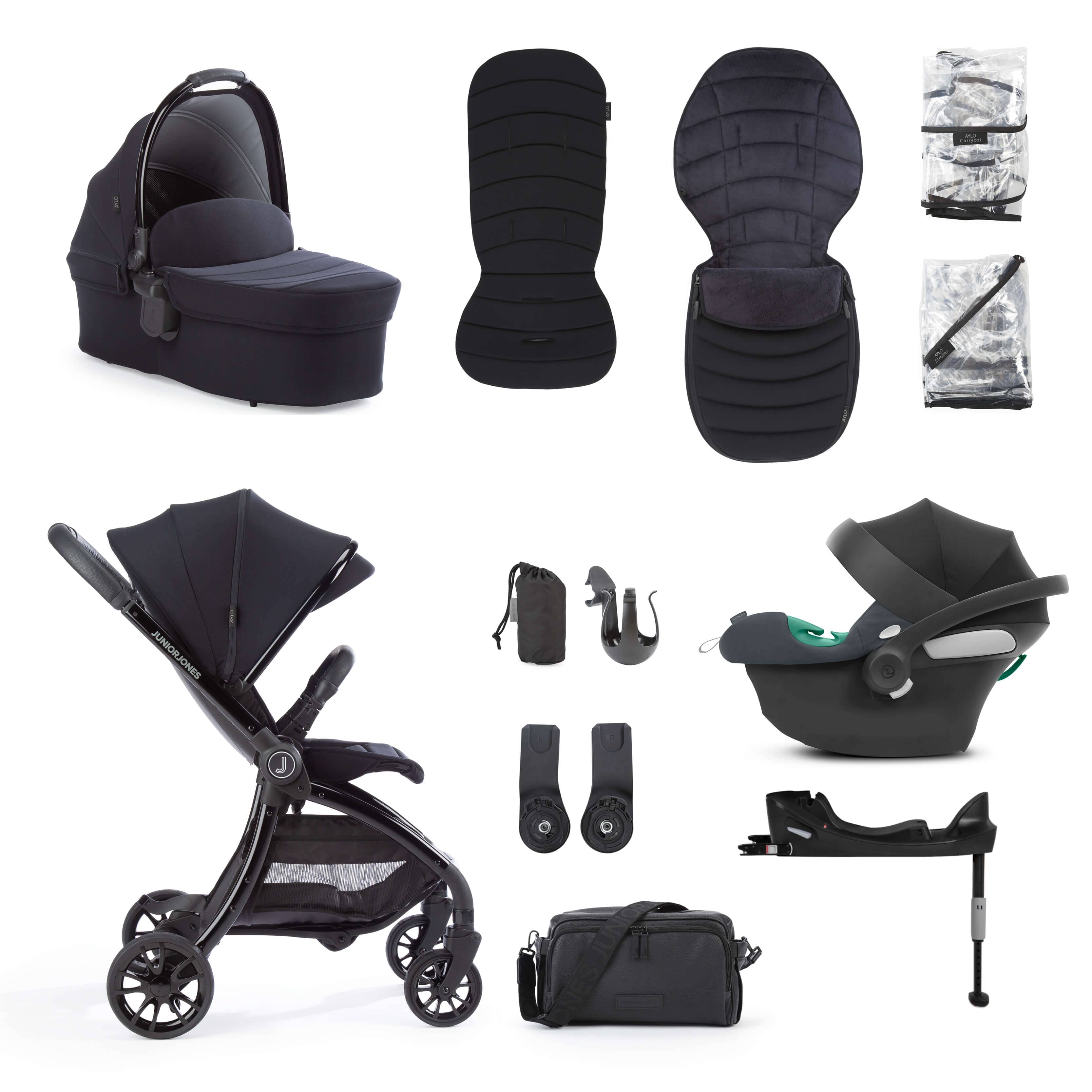Junior Jones Aylo Rich Black 12pc Travel System inc Cybex Steel Grey Car Seat juniorjones 