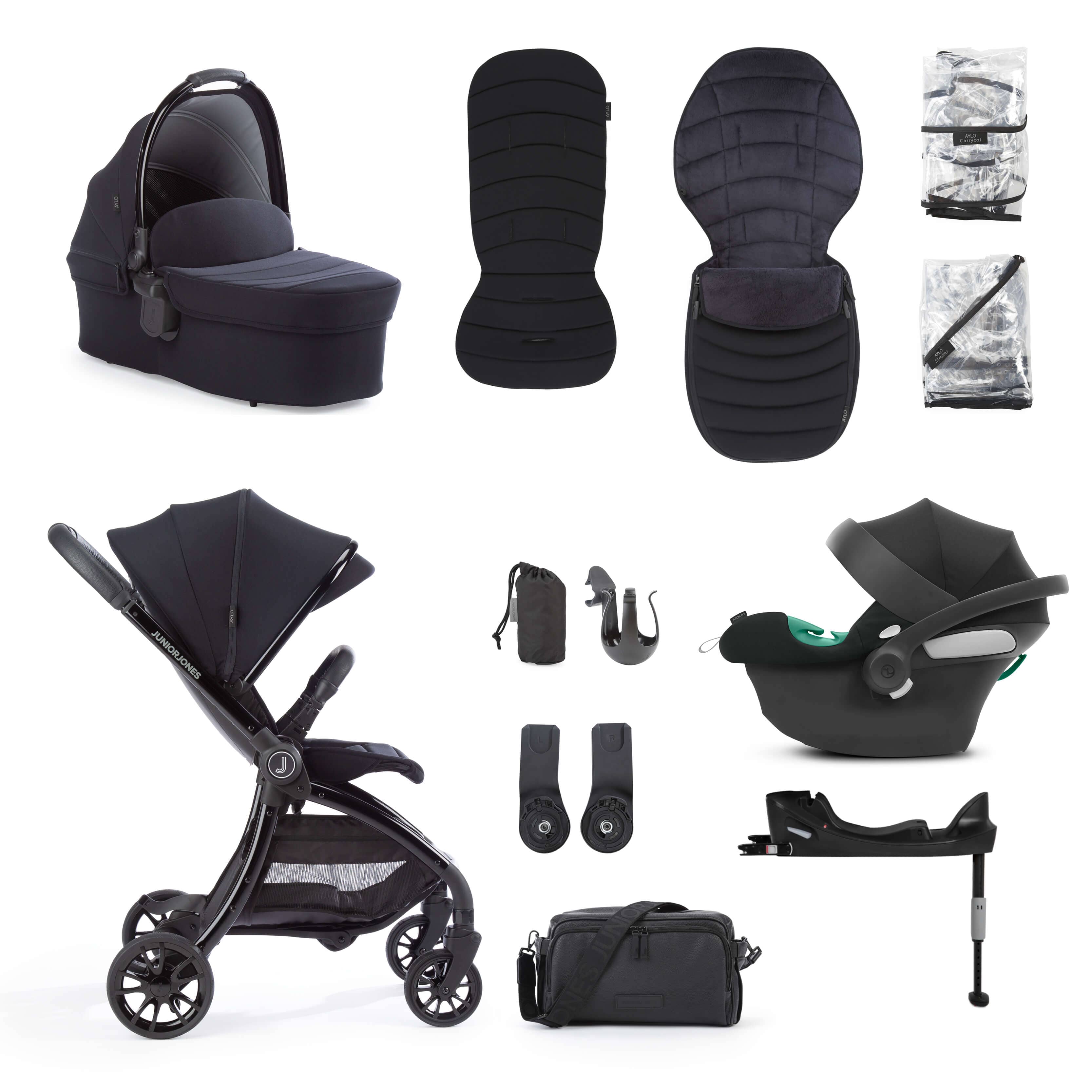 Junior Jones Aylo Rich Black 12pc Travel System inc Cybex Volcano Black Car Seat juniorjones 