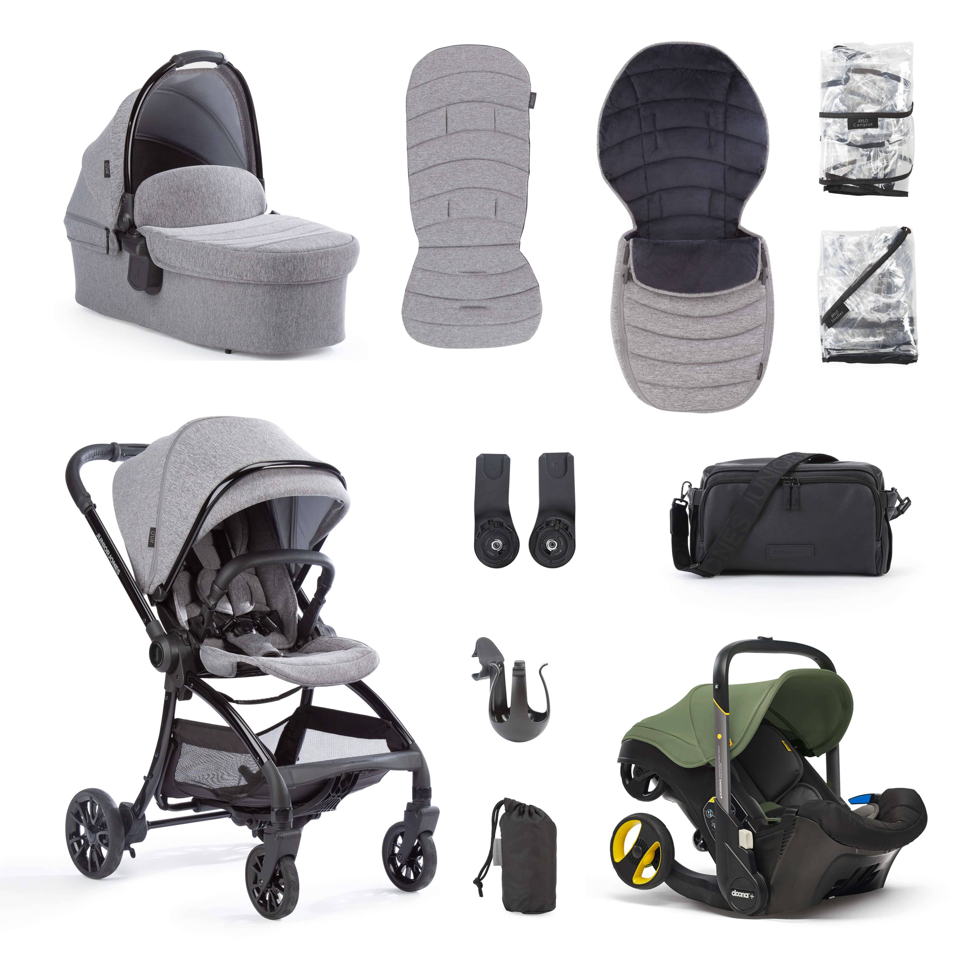 Junior Jones Aylo Grey Marl 11pc Travel System inc Doona Desert Green Car Seat juniorjones 