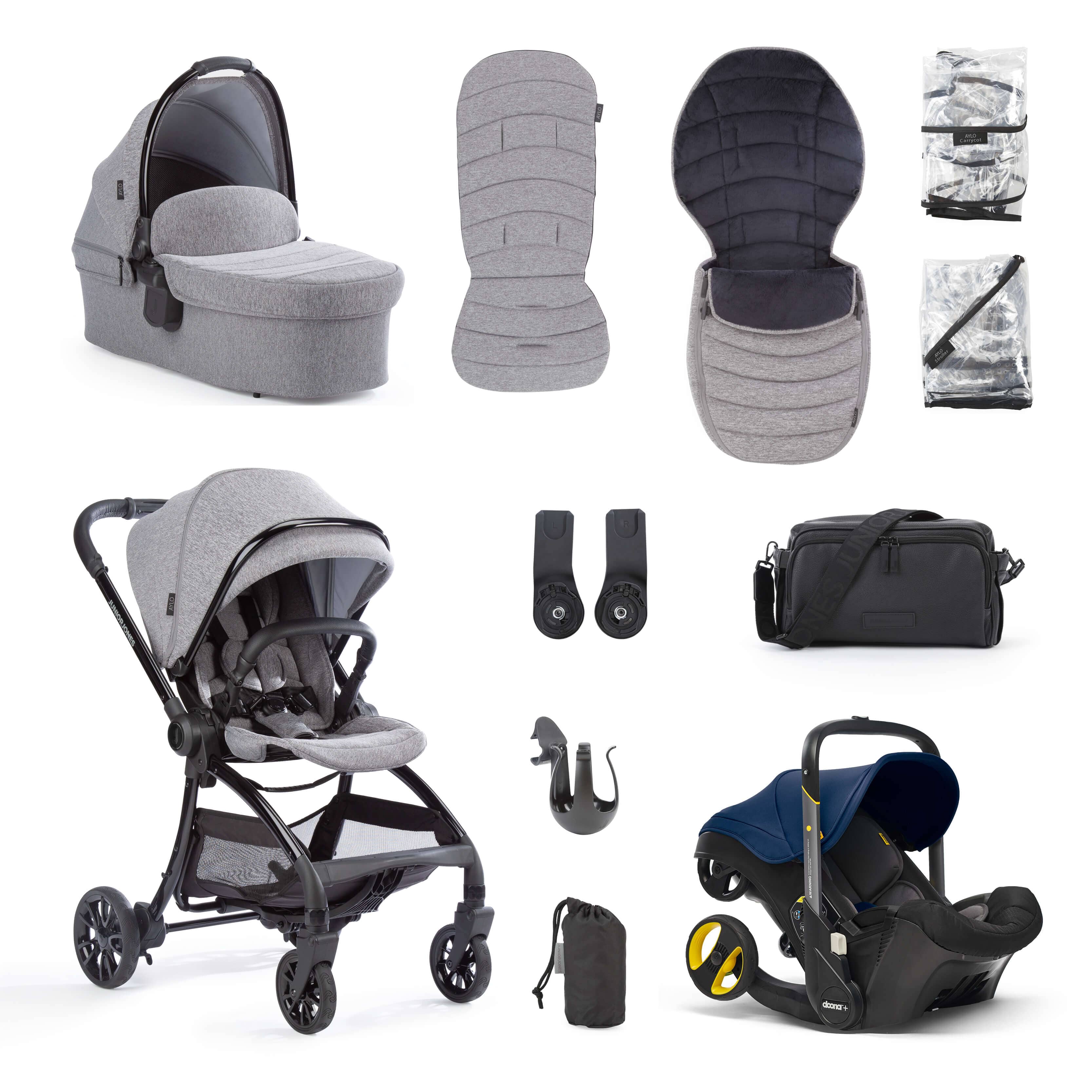 Junior Jones Aylo Grey Marl 11pc Travel System inc Doona Royal Blue Car Seat juniorjones 