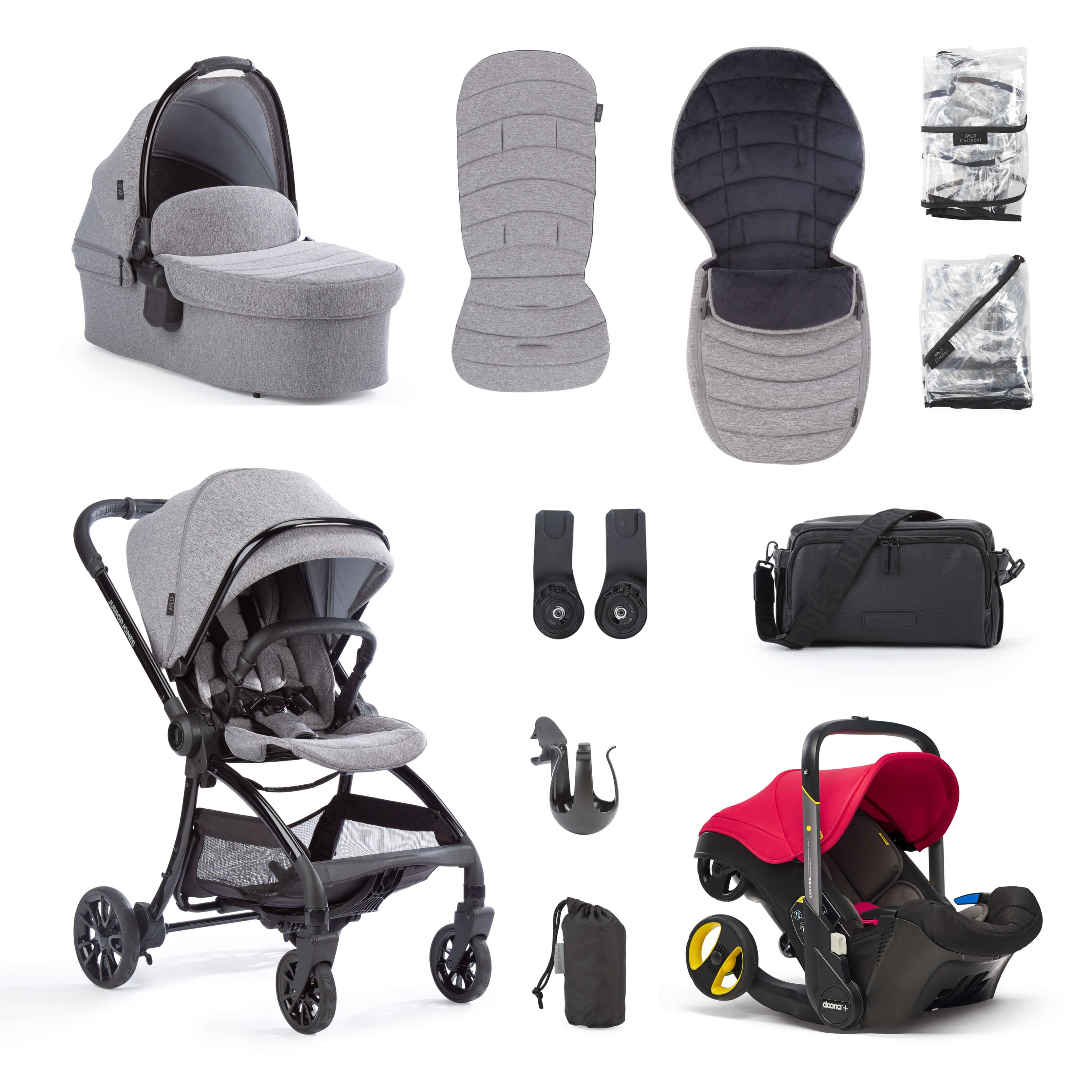 Junior Jones Aylo Grey Marl 11pc Travel System inc Doona Flame Red Car Seat juniorjones 