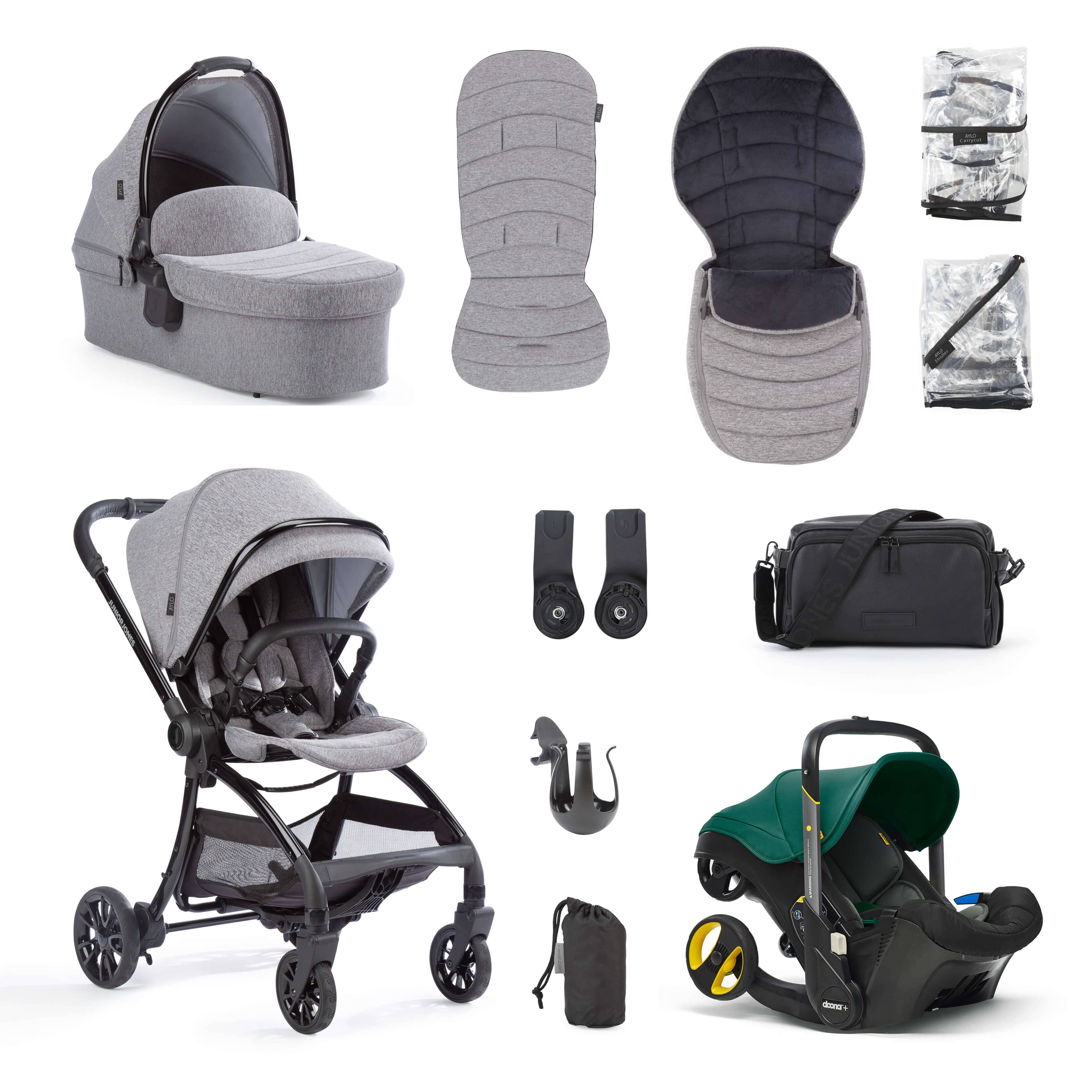 Junior Jones Aylo Grey Marl 11pc Travel System inc Doona Racing Green Car Seat juniorjones 