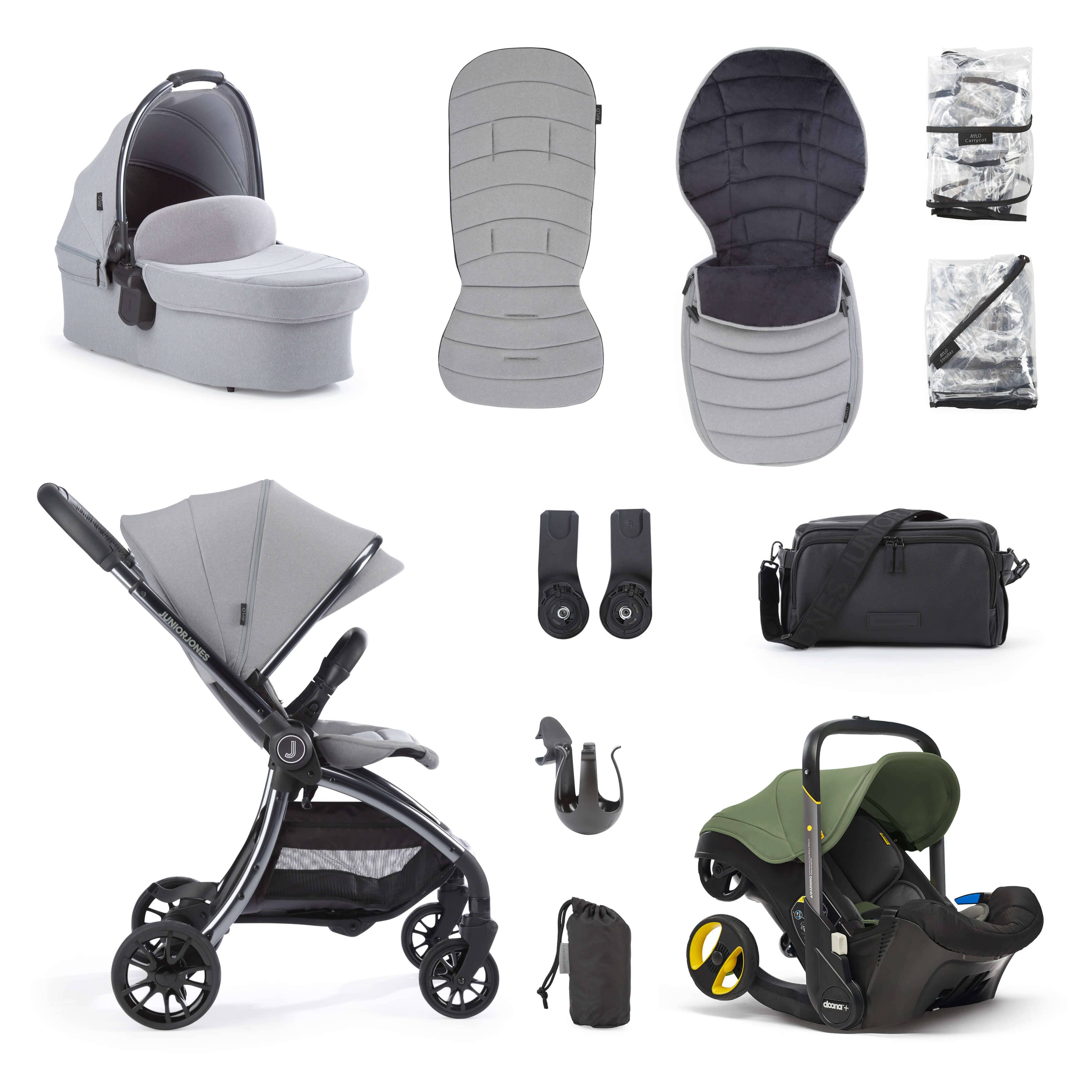 Junior Jones Aylo Pebble Grey 11pc Travel System inc Doona Desert Green Car Seat juniorjones 