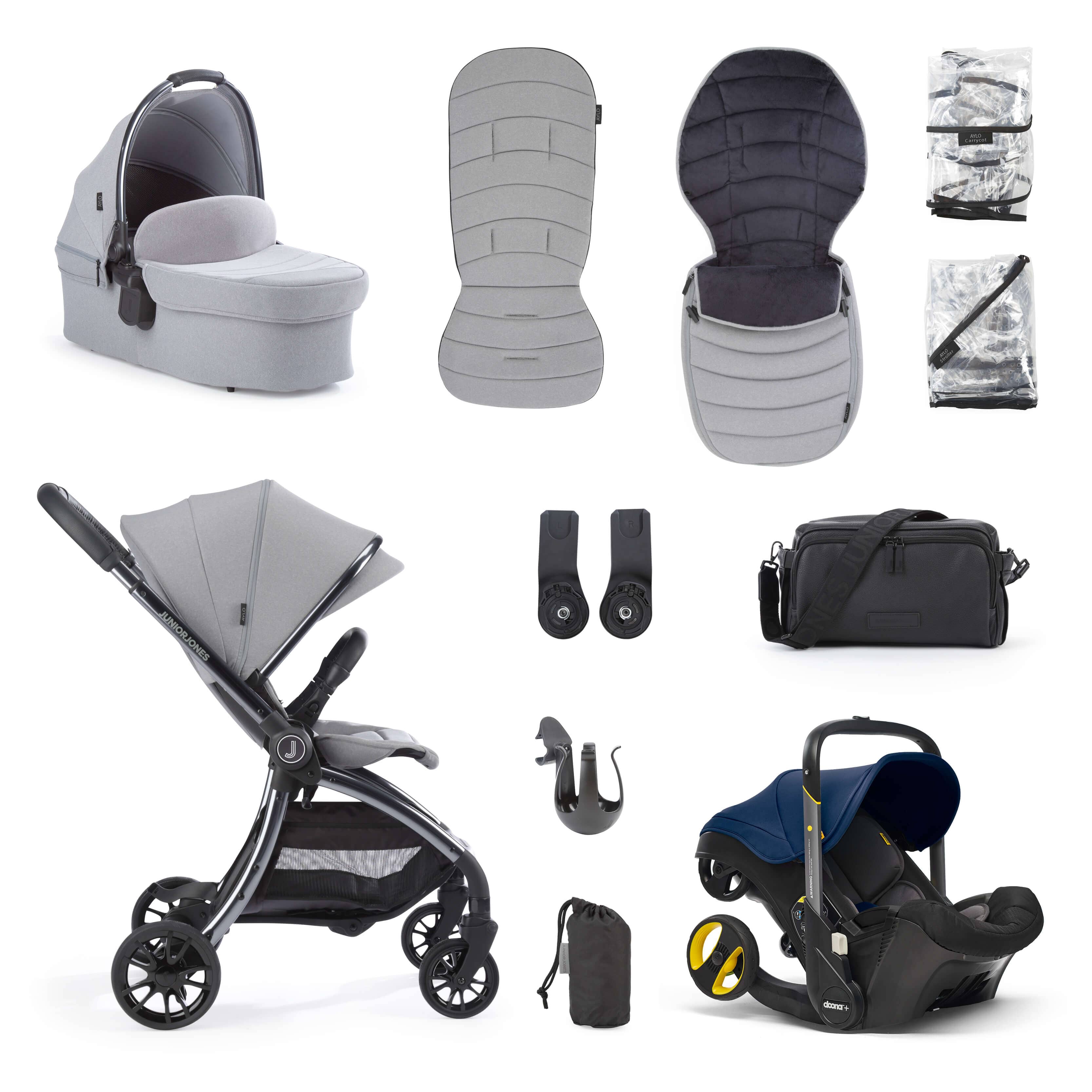 Junior Jones Aylo Pebble Grey 11pc Travel System inc Doona Royal Blue Car Seat juniorjones 