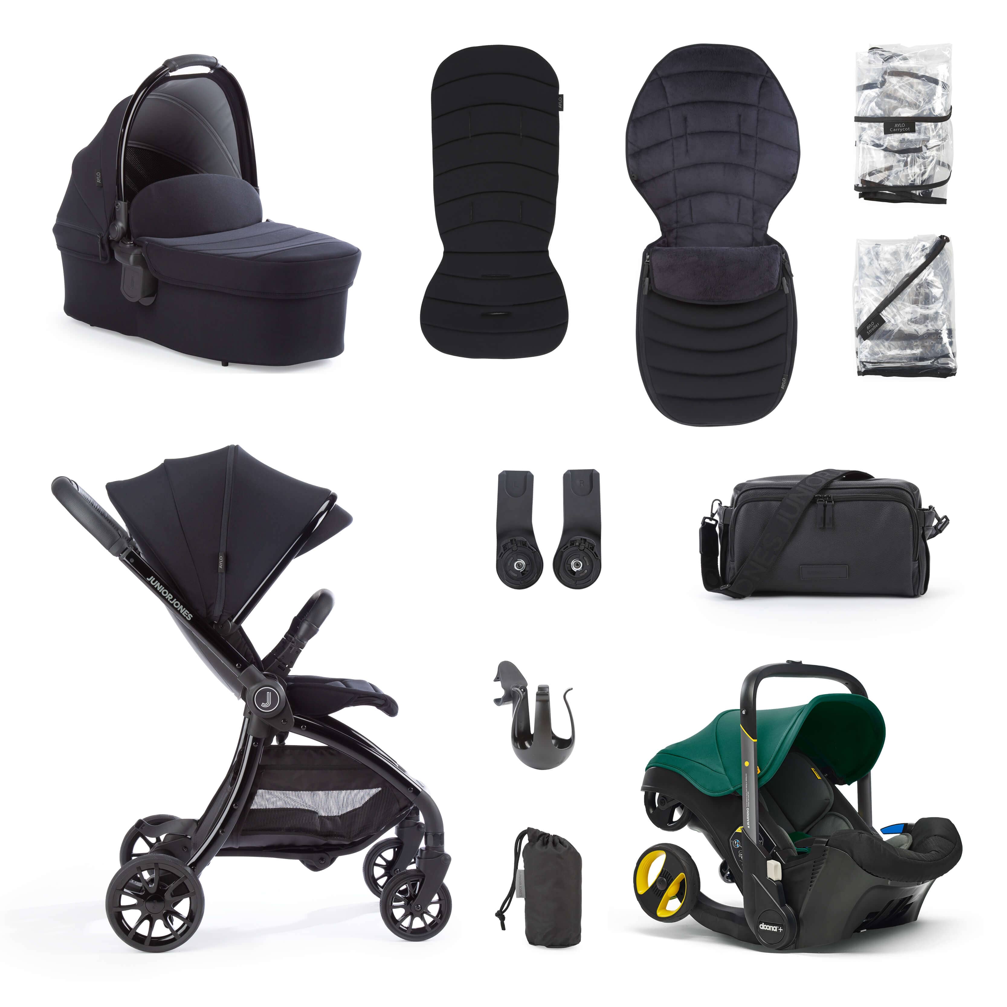Junior Jones Aylo Rich Black 11pc Travel System inc Doona Racing Green Car Seat juniorjones 