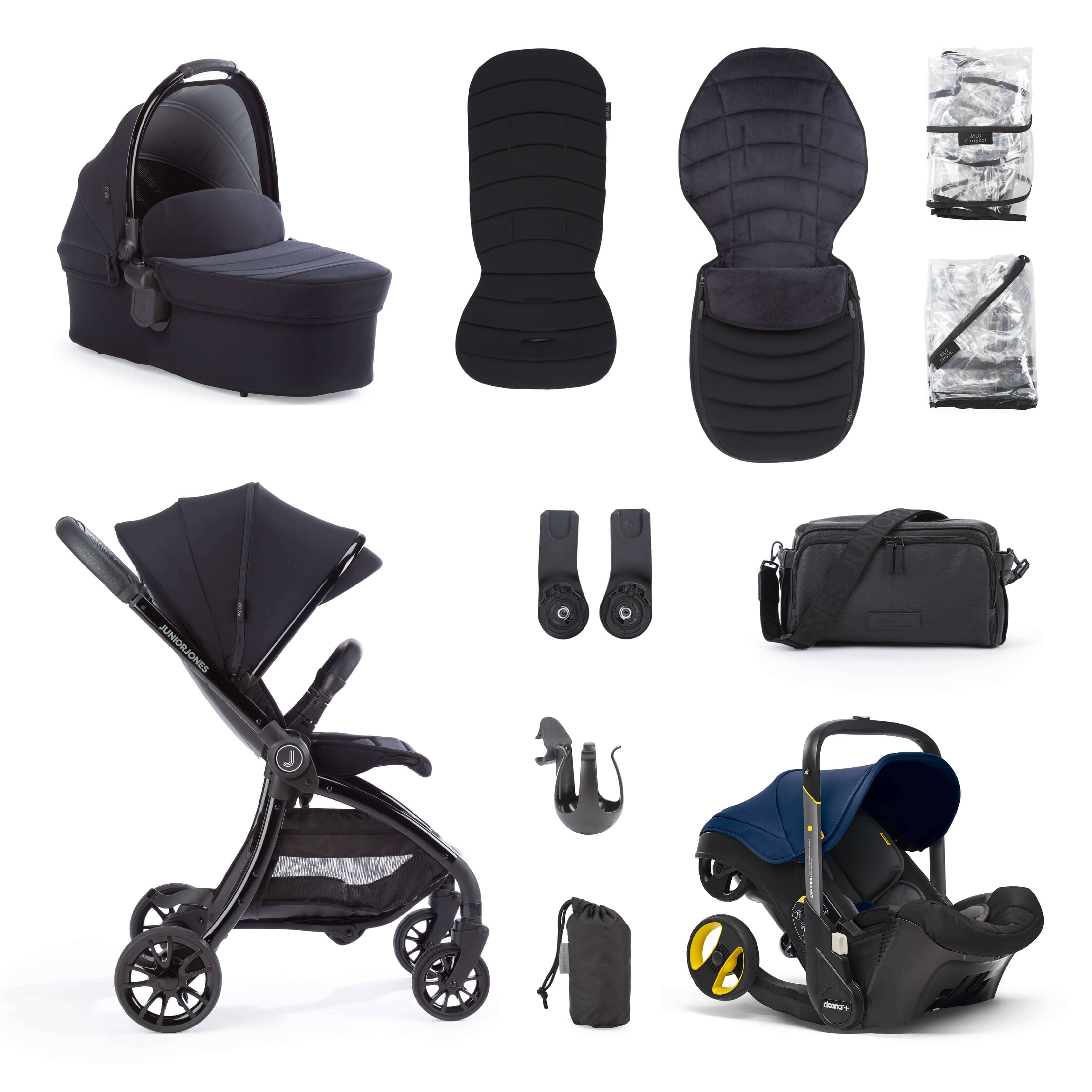 Junior Jones Aylo Rich Black 11pc Travel System inc Doona Royal Blue Car Seat juniorjones 