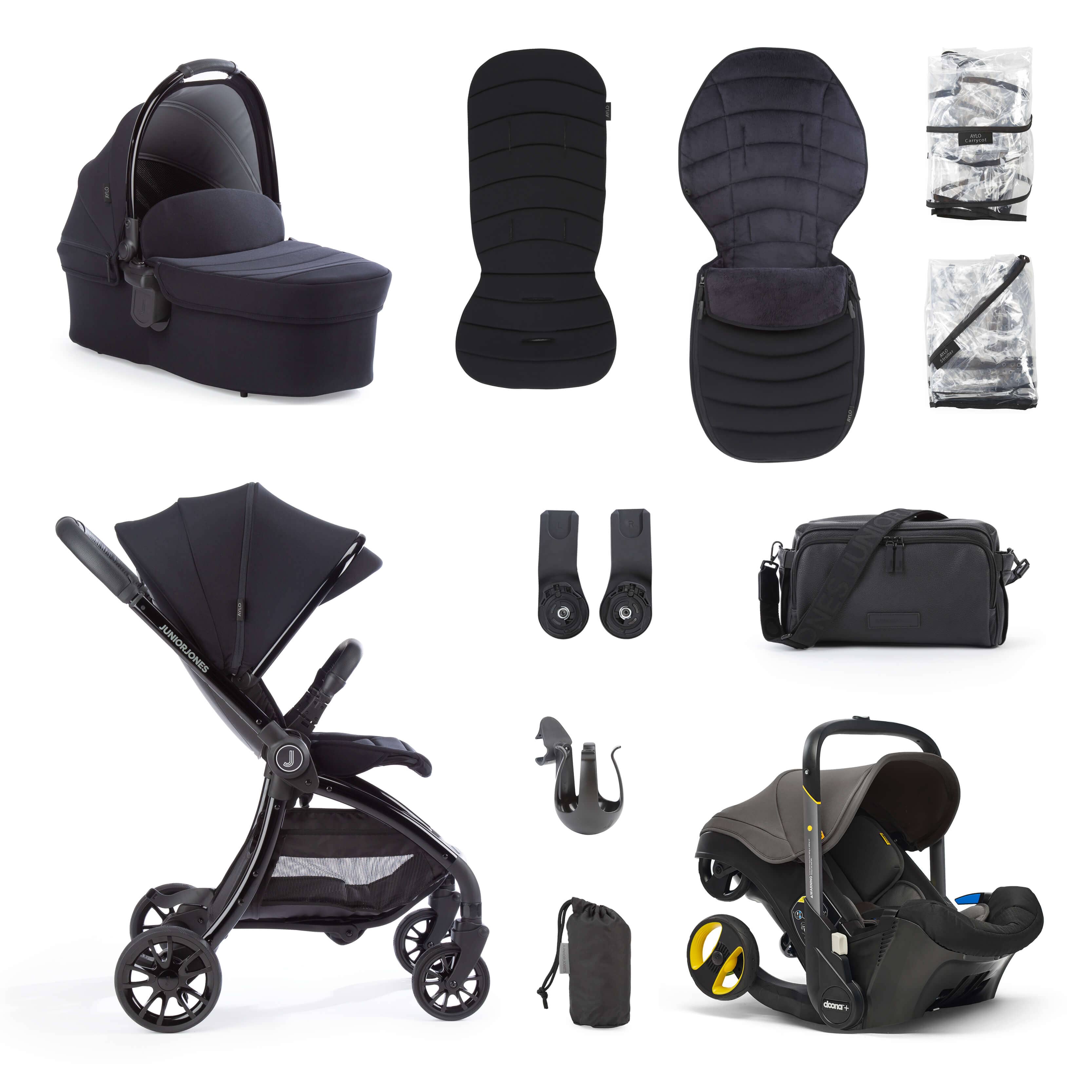 Junior Jones Aylo Rich Black 11pc Travel System inc Doona Urban Grey Car Seat juniorjones 