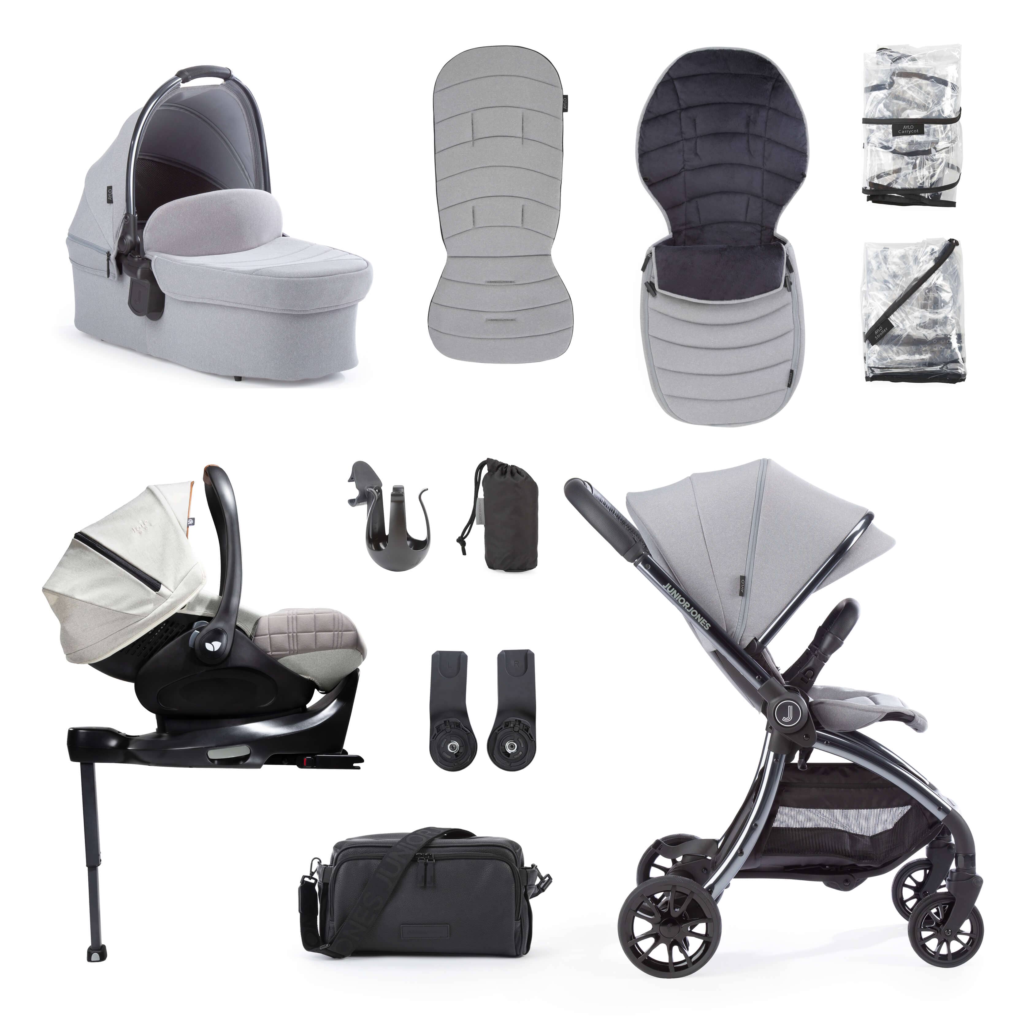 Junior Jones Aylo Pebble Grey 12pc Travel System inc Joie Oyster Car Seat juniorjones 