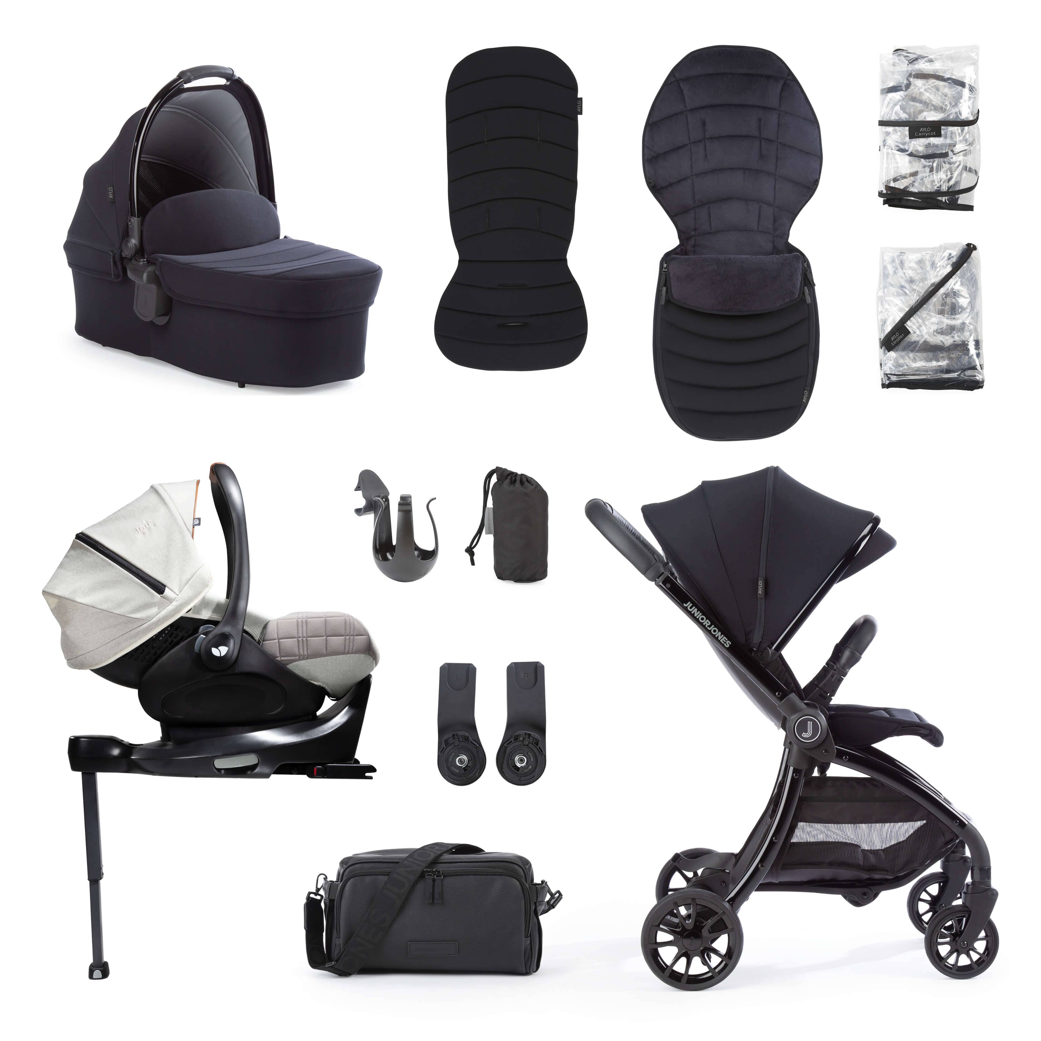 Junior Jones Aylo Rich Black 12pc Travel System inc Joie Oyster Car Seat juniorjones 