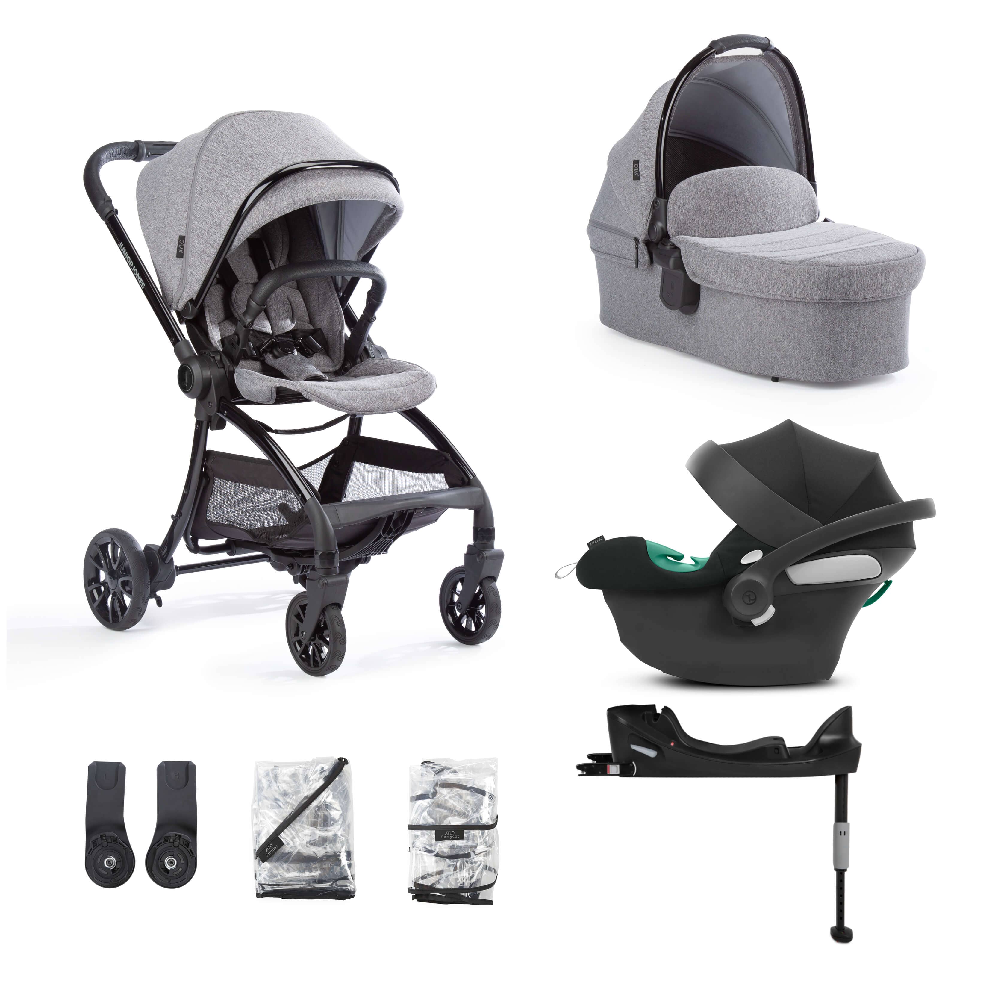 Junior Jones Aylo Grey Marl 7pc Travel System inc Cybex Volcano Black Car Seat juniorjones 