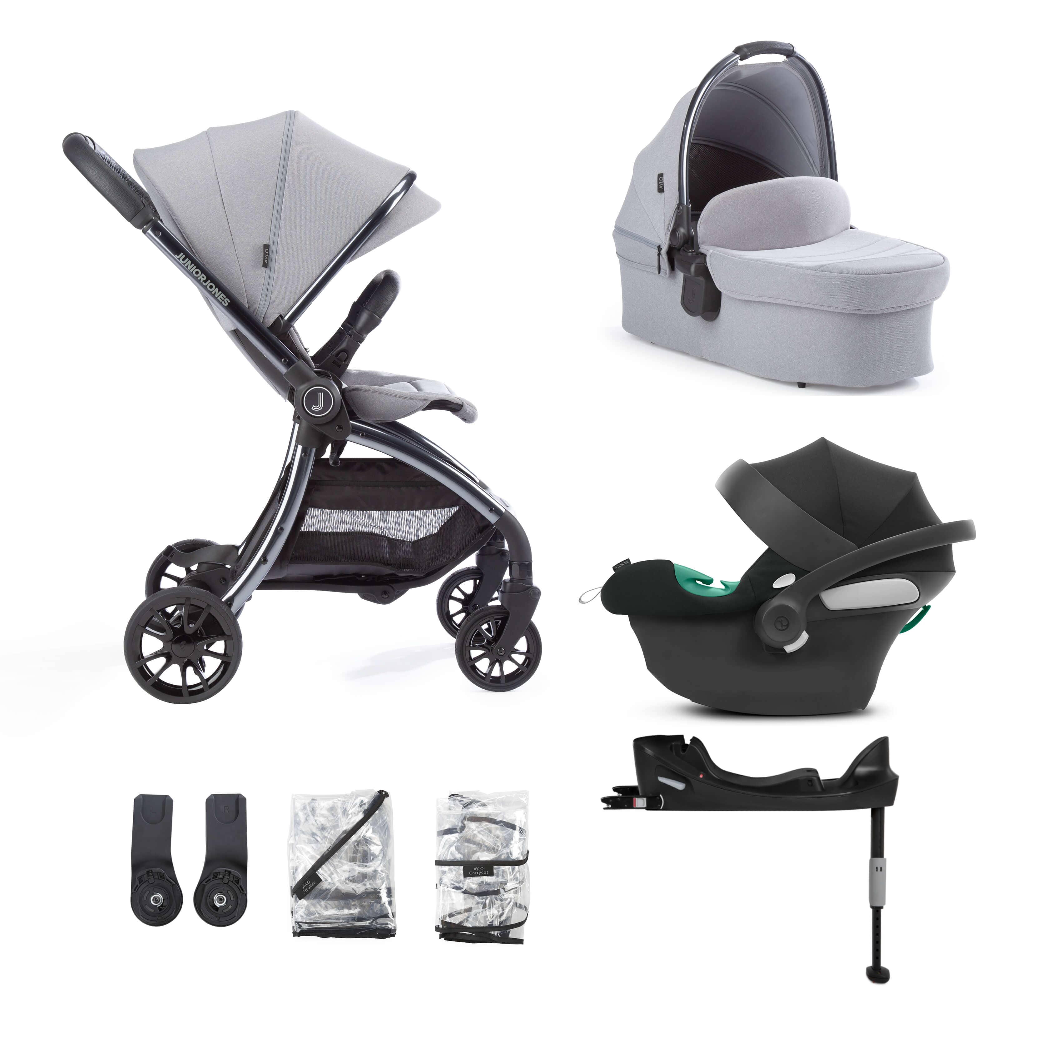 Junior Jones Aylo Pebble Grey 7pc Travel System inc Cybex Volcano Black Car Seat juniorjones 