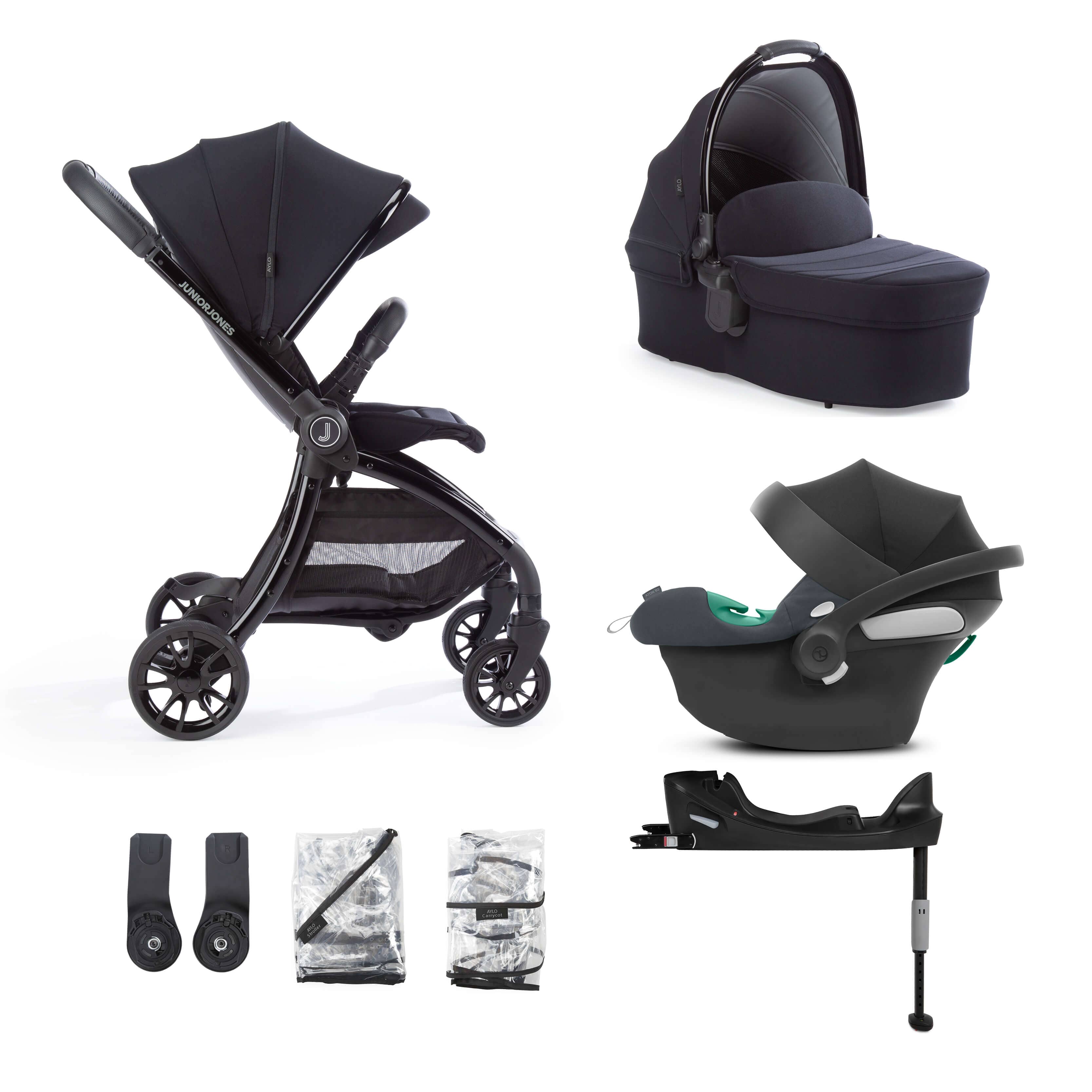 Junior Jones Aylo Rich Black 7pc Travel System inc Cybex Steel Grey Car Seat juniorjones 