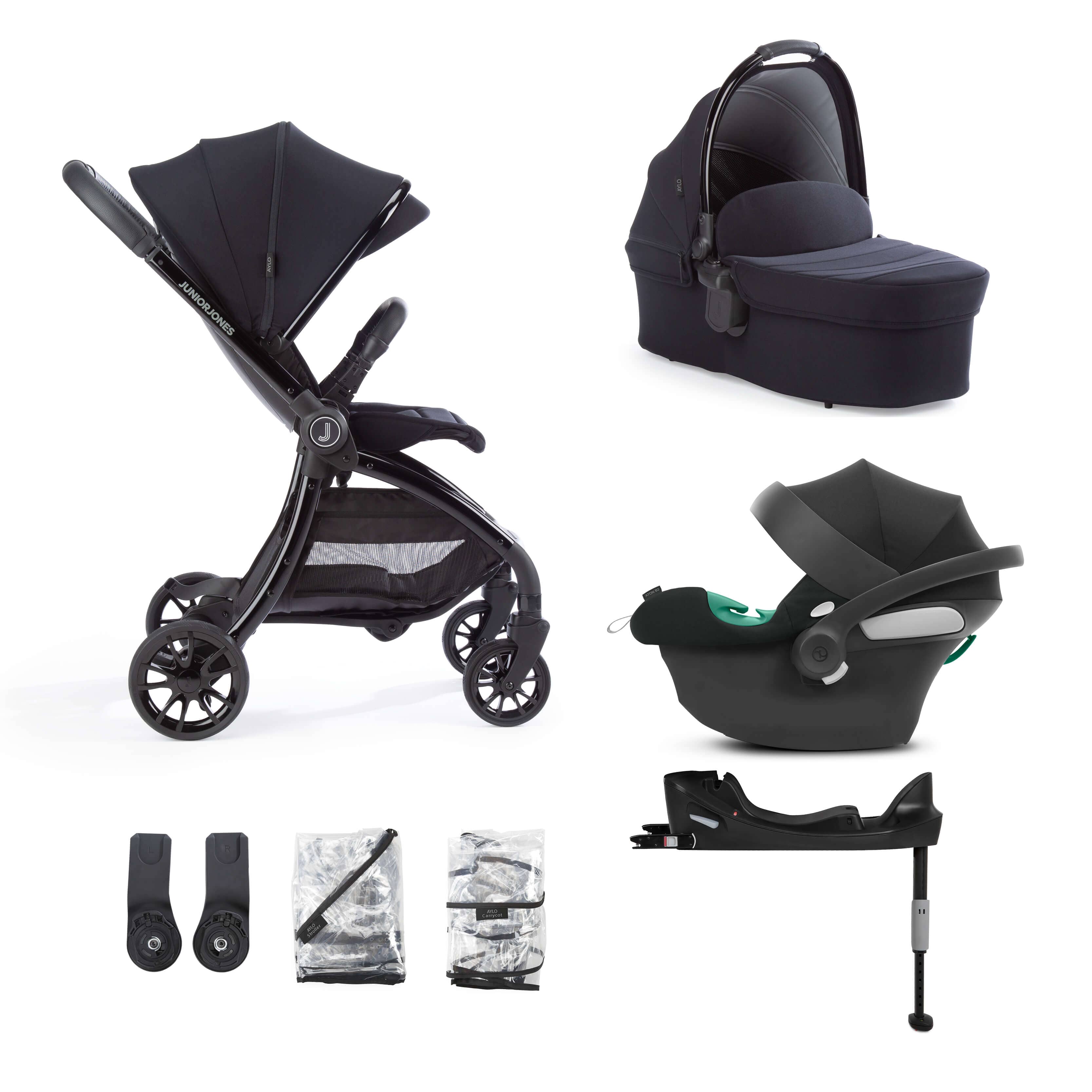 Junior Jones Aylo Rich Black 7pc Travel System inc Cybex Volcano Black Car Seat juniorjones 