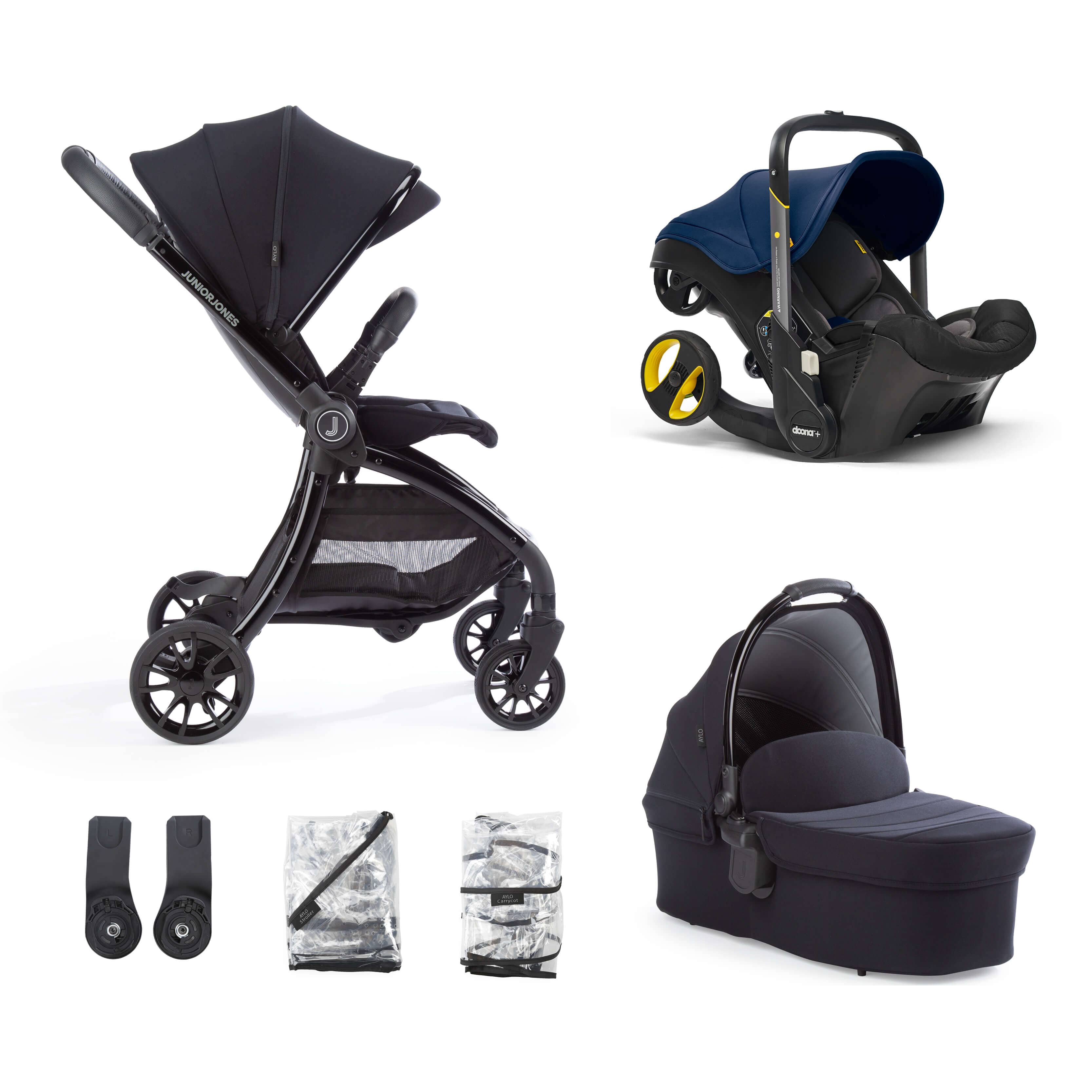 Junior Jones Aylo Rich Black 6pc Travel System inc Doona Royal Blue Car Seat juniorjones 