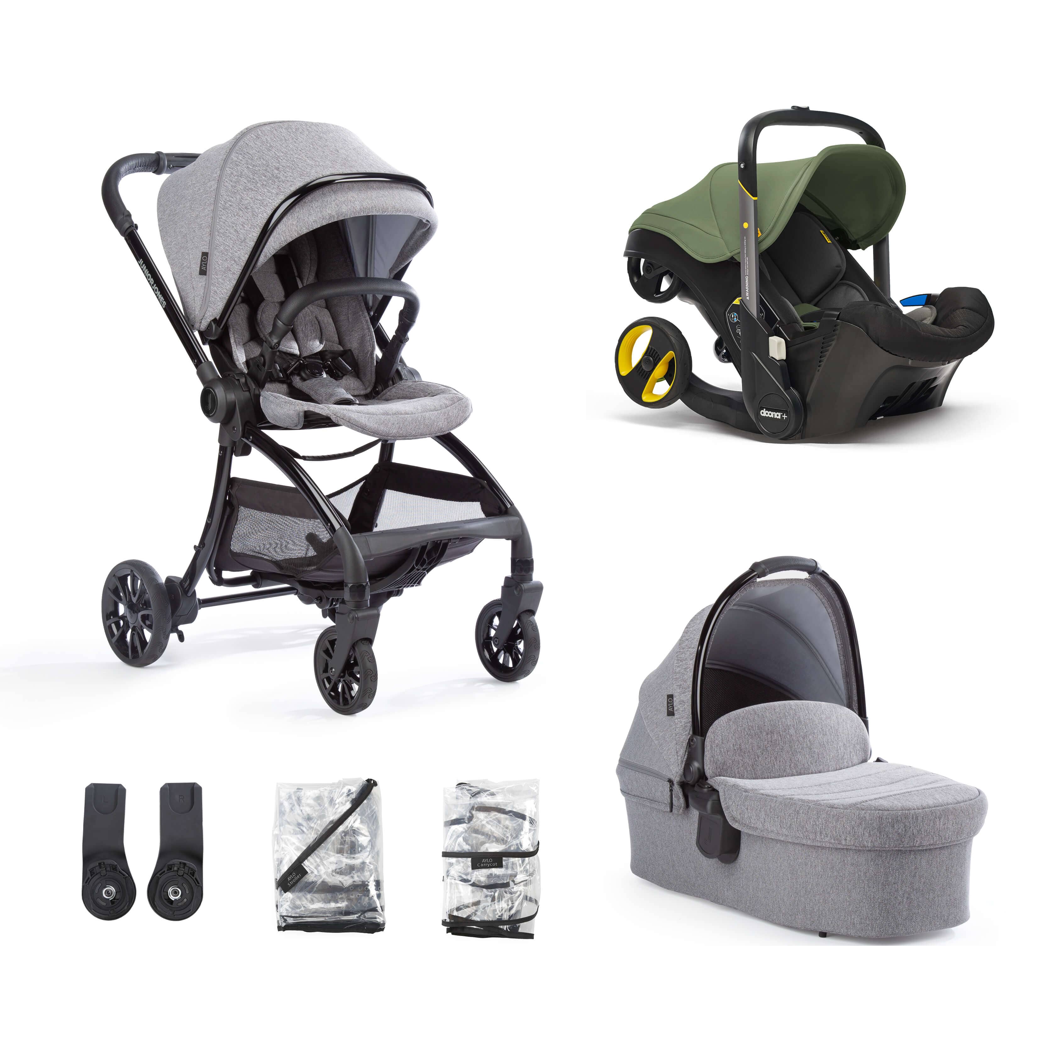 Junior Jones Aylo Grey Marl 6pc Travel System inc Doona Desert Green Car Seat juniorjones 