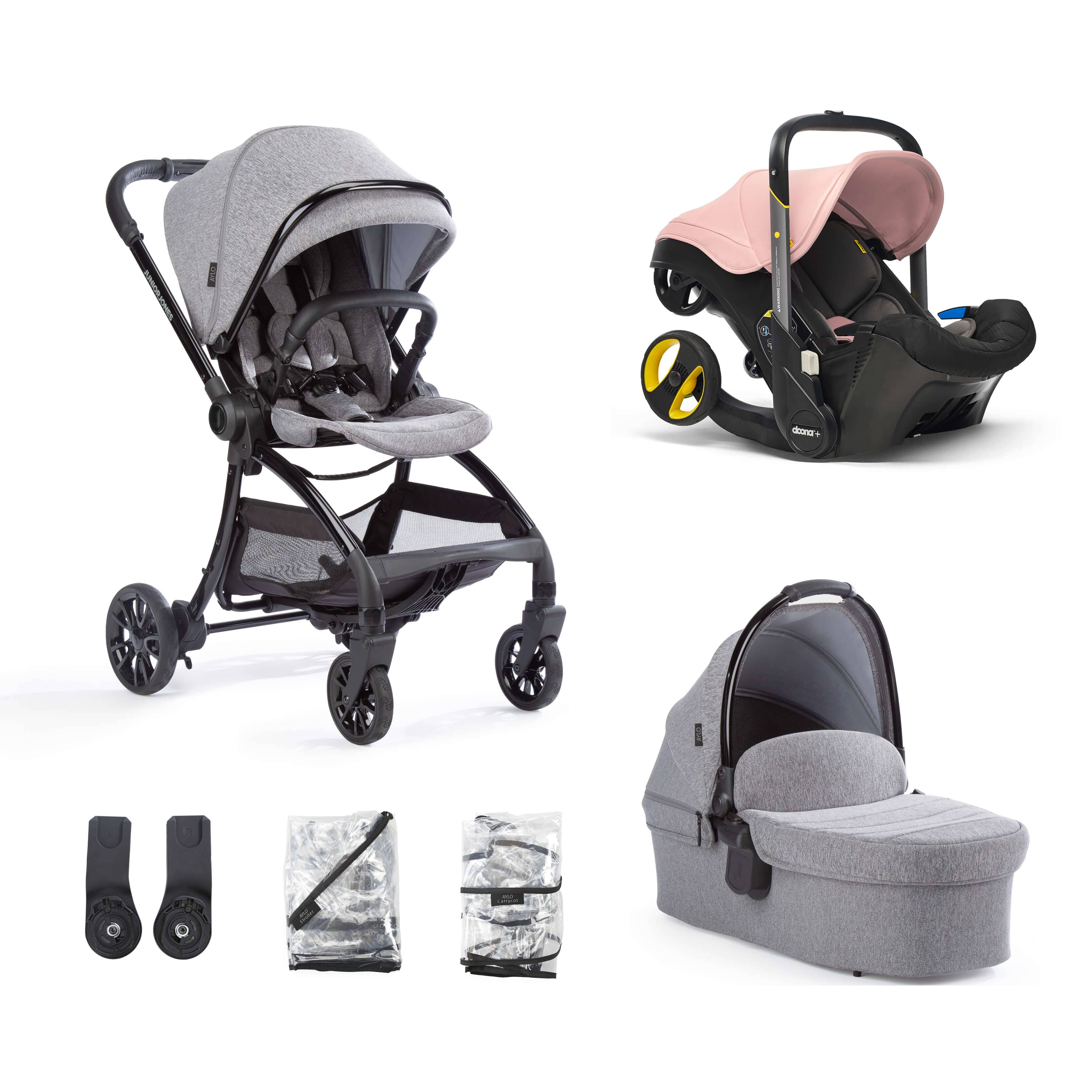Junior Jones Aylo Grey Marl 6pc Travel System inc Doona Blush Pink Car CuddleCo
