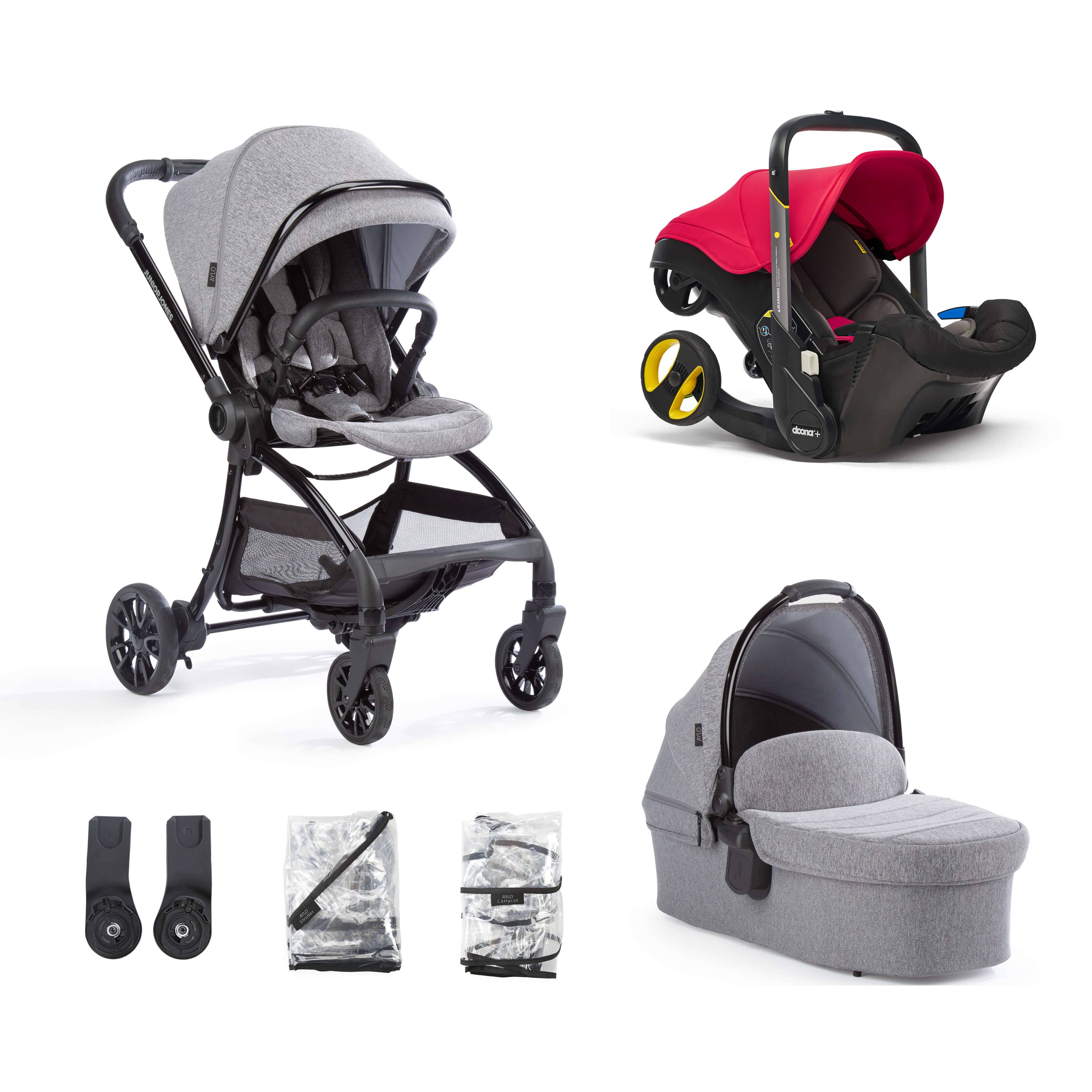Junior Jones Aylo Grey Marl 6pc Travel System inc Doona Flame Red Car Seat juniorjones 