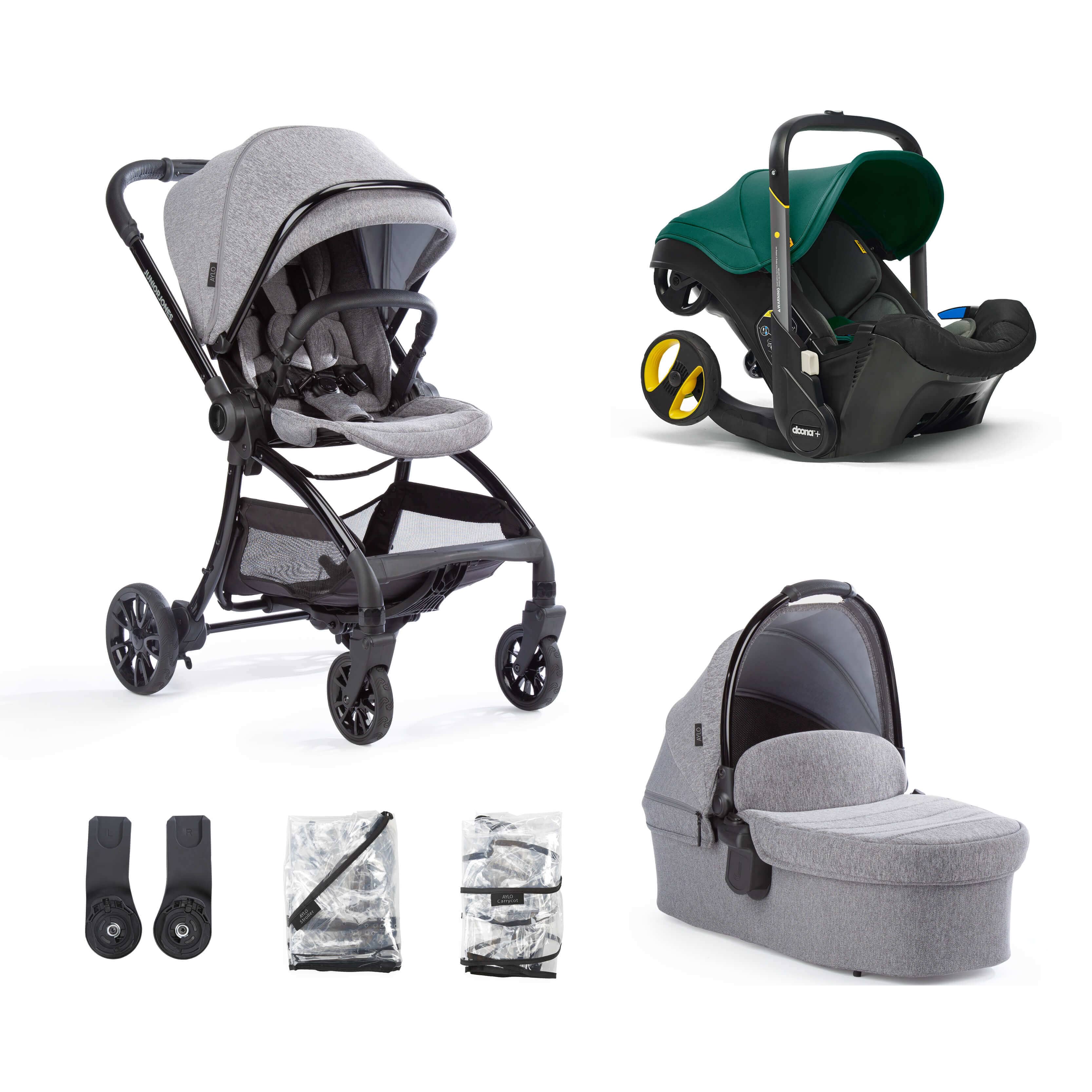 Junior Jones Aylo Grey Marl 6pc Travel System inc Doona Racing Green Car Seat juniorjones 