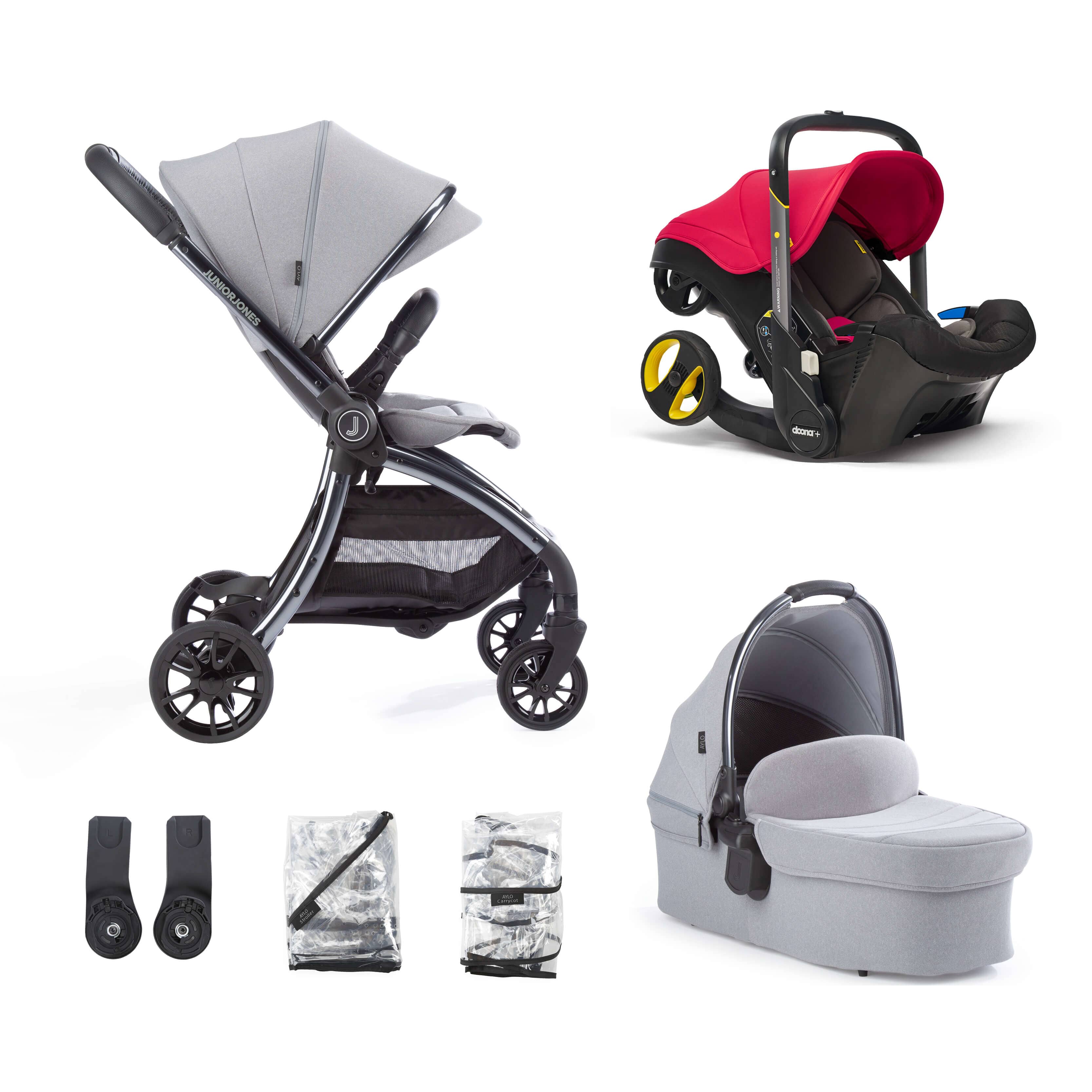 Junior Jones Aylo Pebble Grey 6pc Travel System inc Doona Flame Red Car Seat juniorjones 