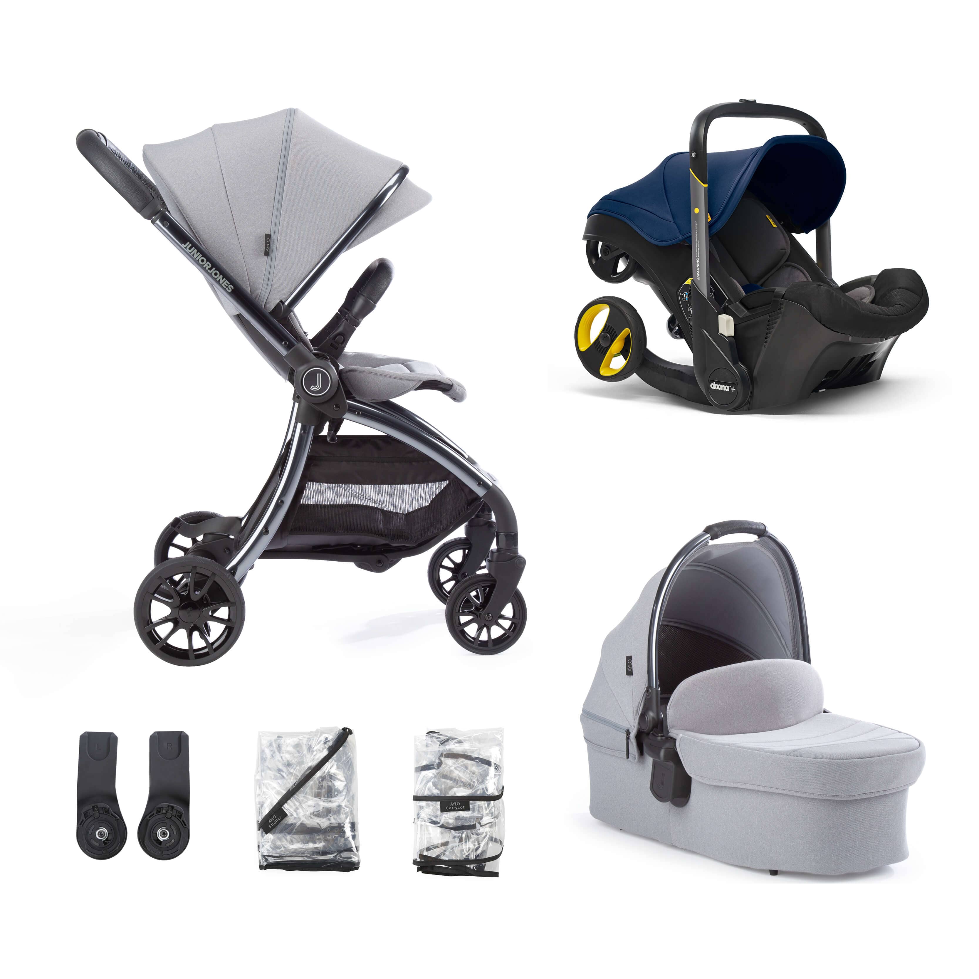 Junior Jones Aylo Pebble Grey 6pc Travel System inc Doona Royal Blue Car Seat juniorjones 