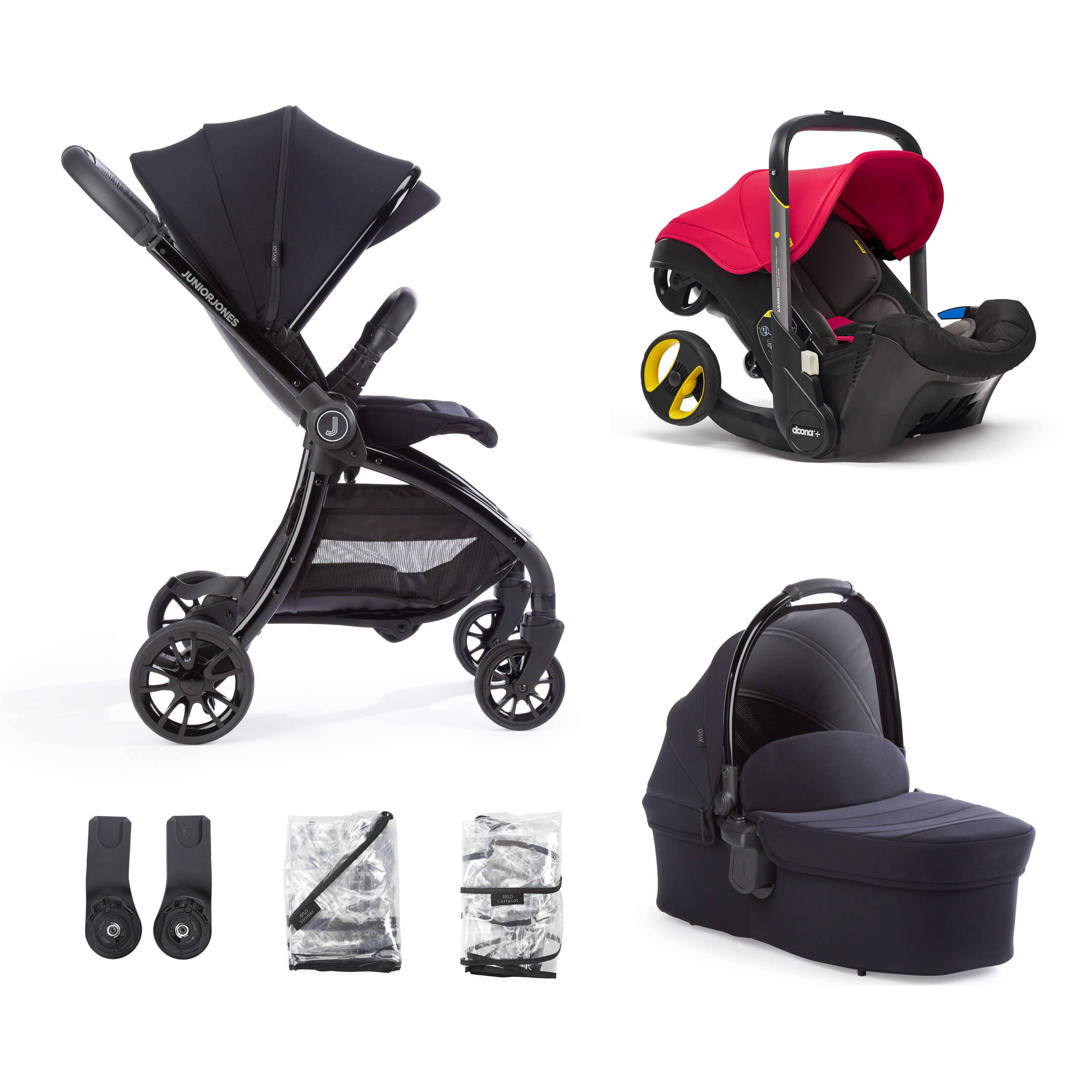 Junior Jones Aylo Rich Black 6pc Travel System inc Doona Flame Red Car Seat juniorjones 