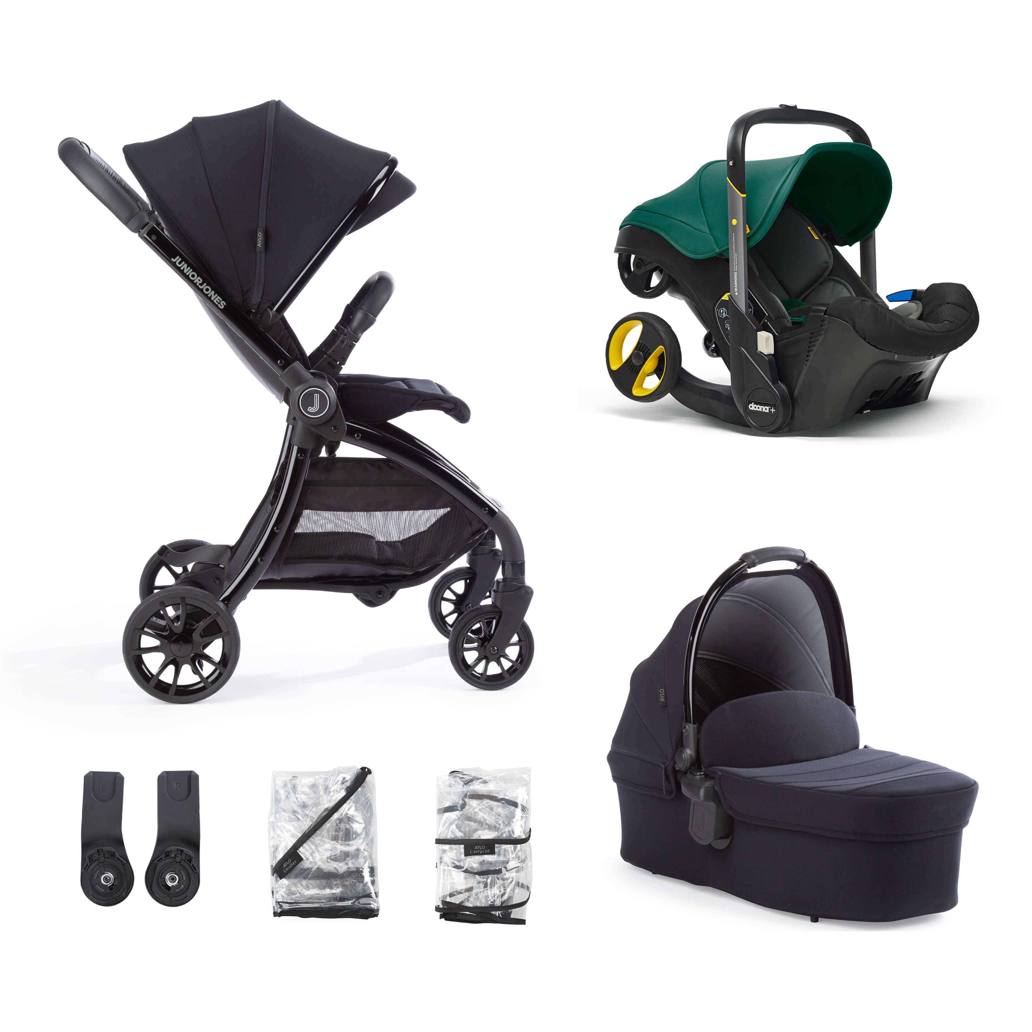 Junior Jones Aylo Rich Black 6pc Travel System inc Doona Racing Green Car Seat juniorjones 
