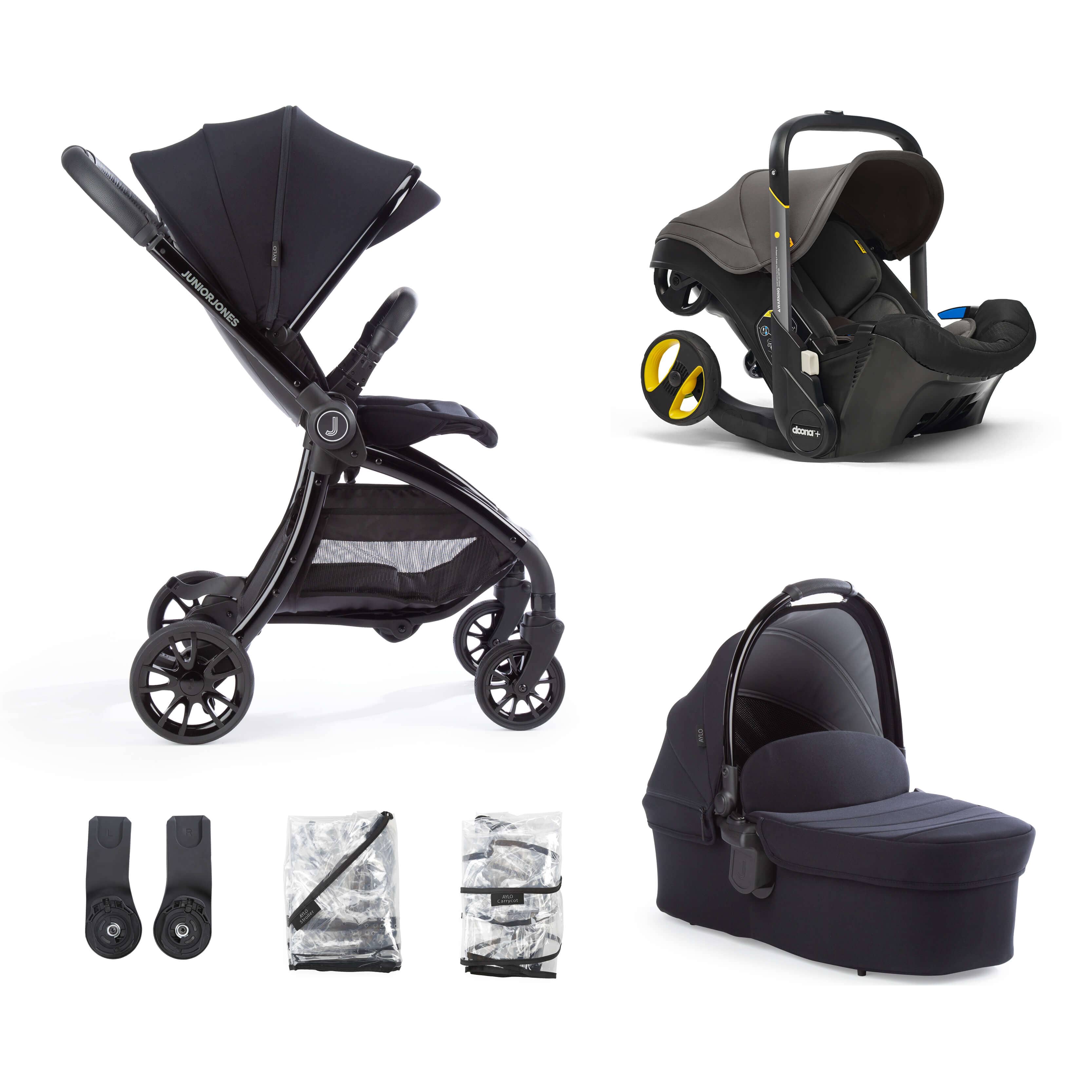 Junior Jones Aylo Rich Black 6pc Travel System inc Doona Urban Grey Car Seat juniorjones 