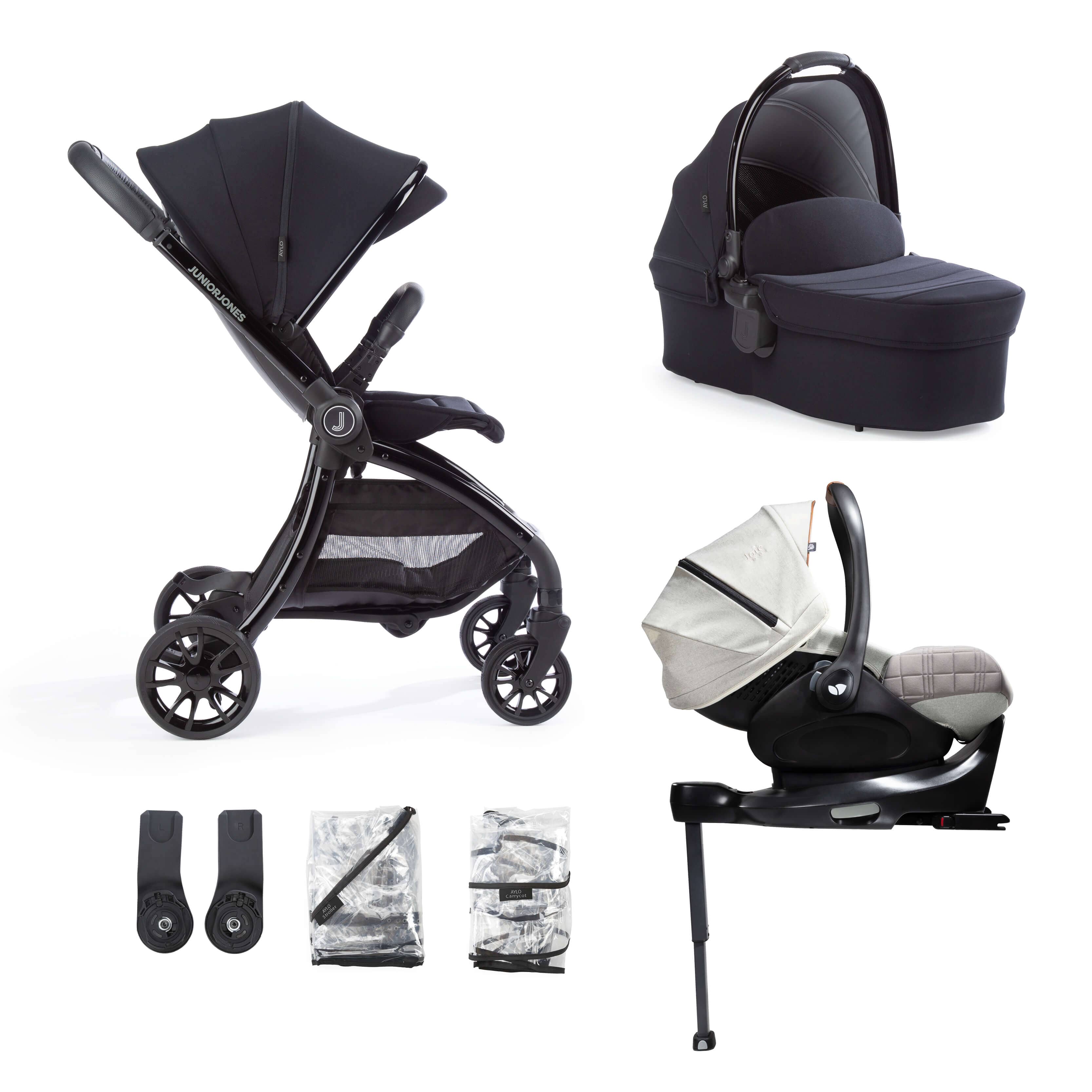 Junior Jones Aylo Rich Black 7pc Travel System inc Joie Oyster Car Seat juniorjones 